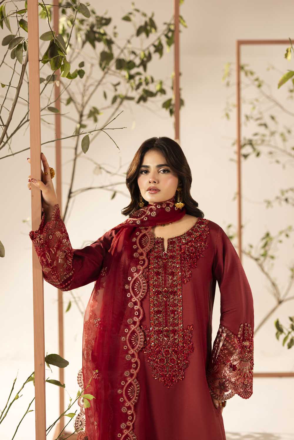 Red Hand Embellished & Embroidered Raw Silk Suit with Potil