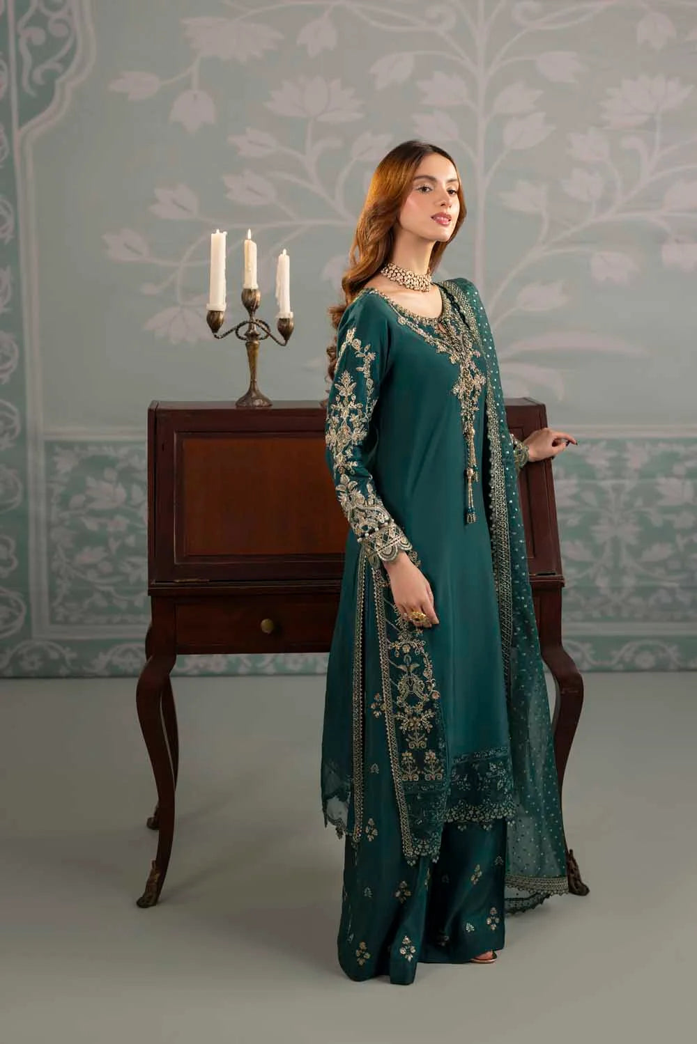 Emerald Green Embellished Raw Silk Suit