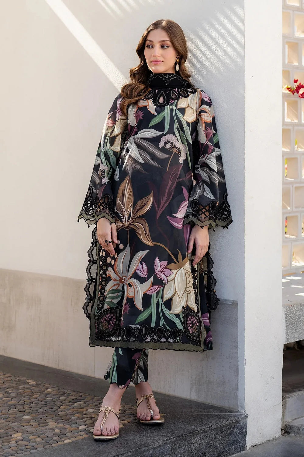 Black Pure Lawn Suit with Embroidered Laces