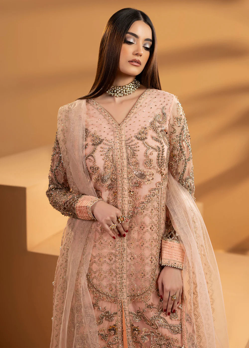 Peach Embellished Partywear Suit