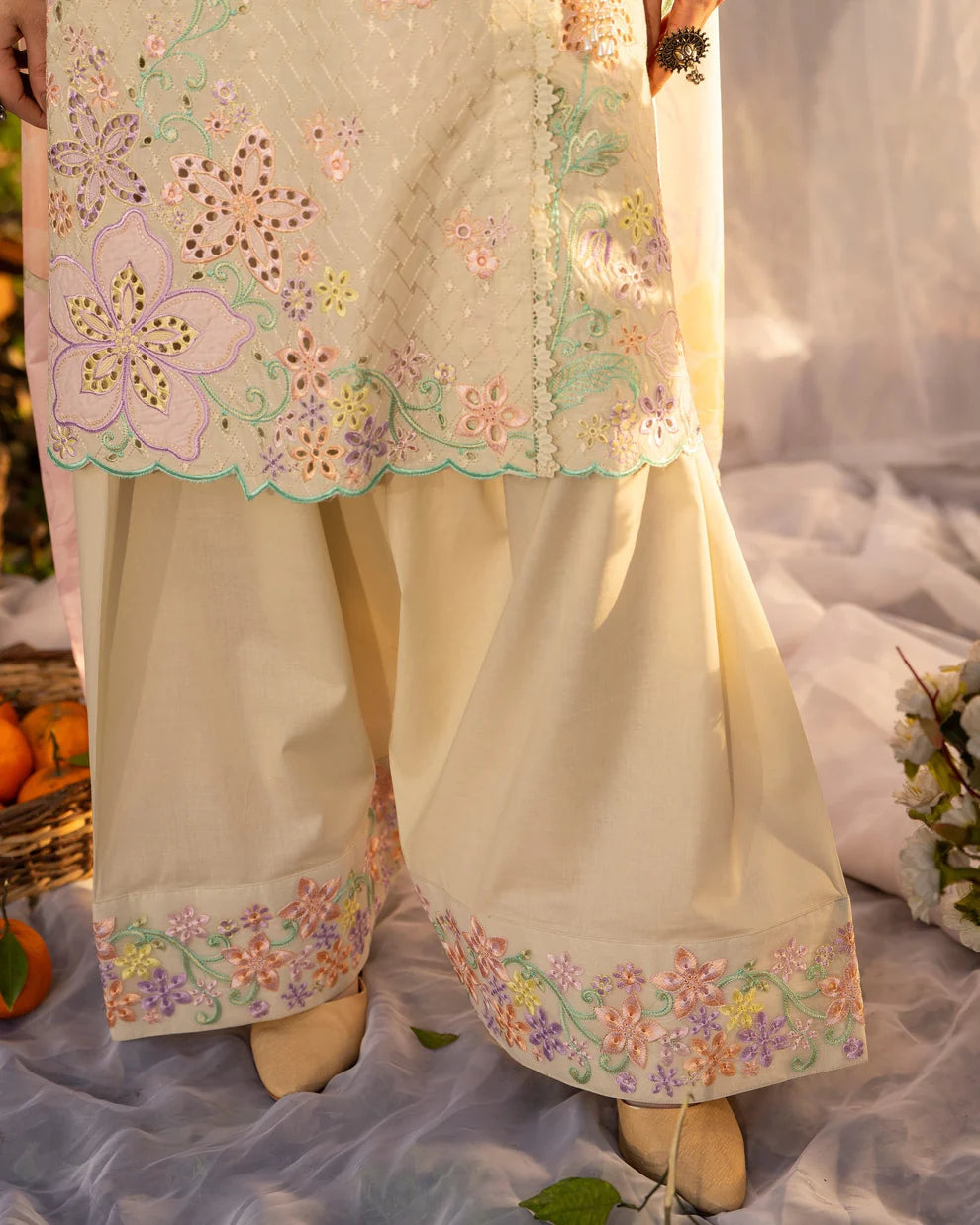 Pastel Yellow Pure Cotton Embroidered Suit with Cutwork Details