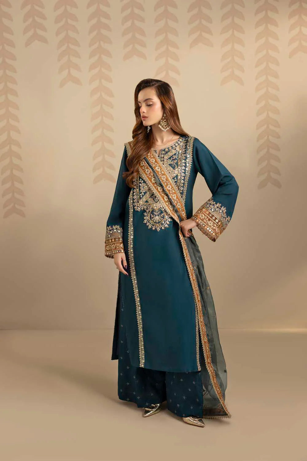 Elegant Saphire Embellished Raw Silk Partywear Suit