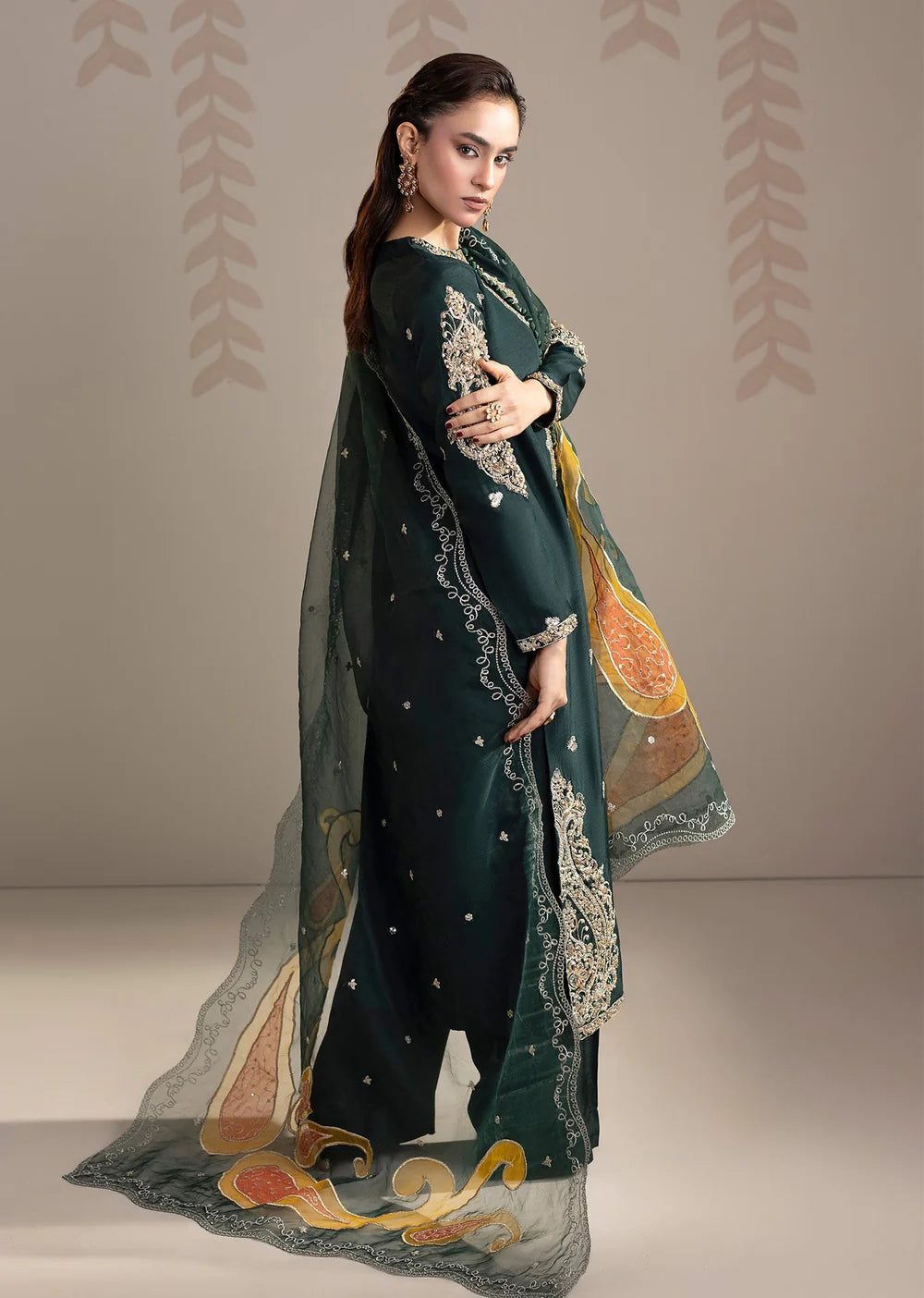 Bottle Green Embellished Raw Silk Front-Open Suit