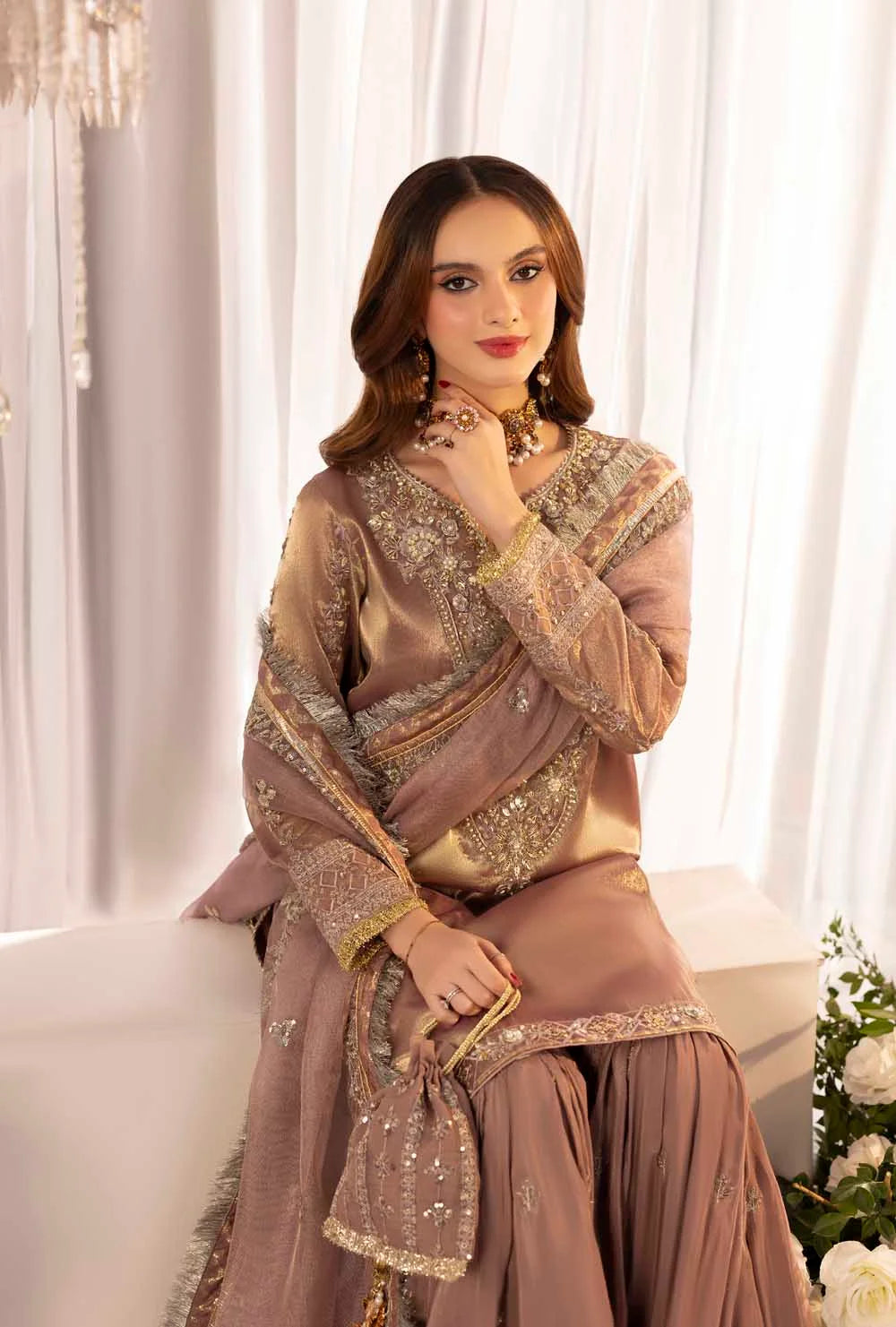 Rose Gold Gold Pure Maysuri Hand Embellished Flared Gharara