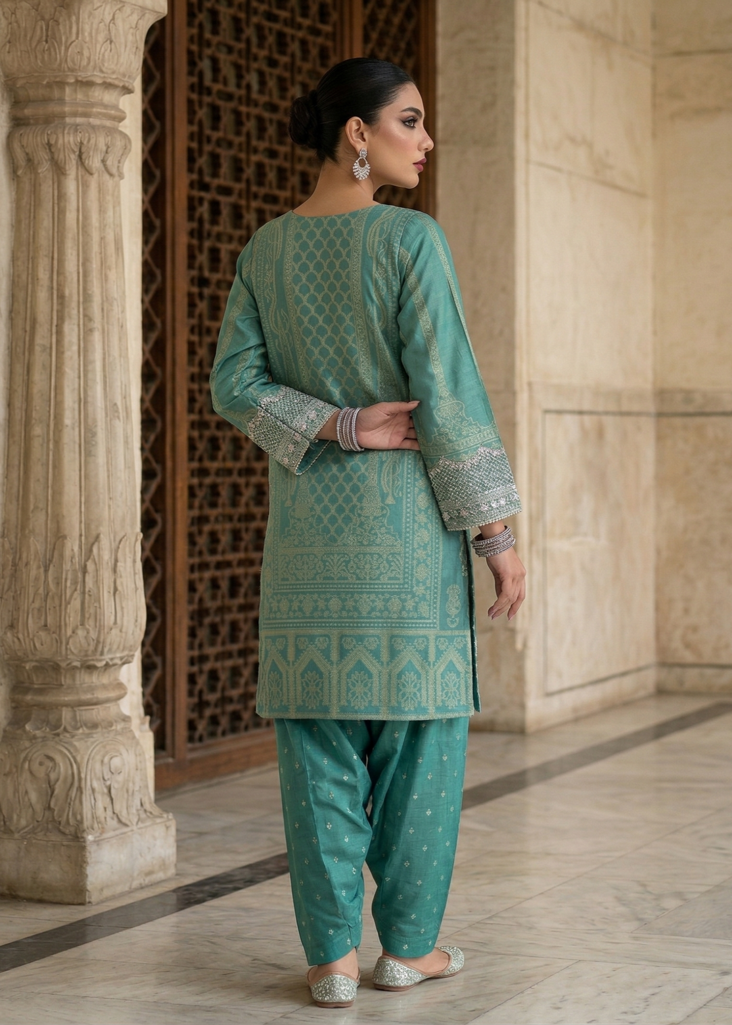 Aqua Embroidered Farshi Shalwar Party Wear Online in Dubai UAE Abudhabi Ajman Sharjah