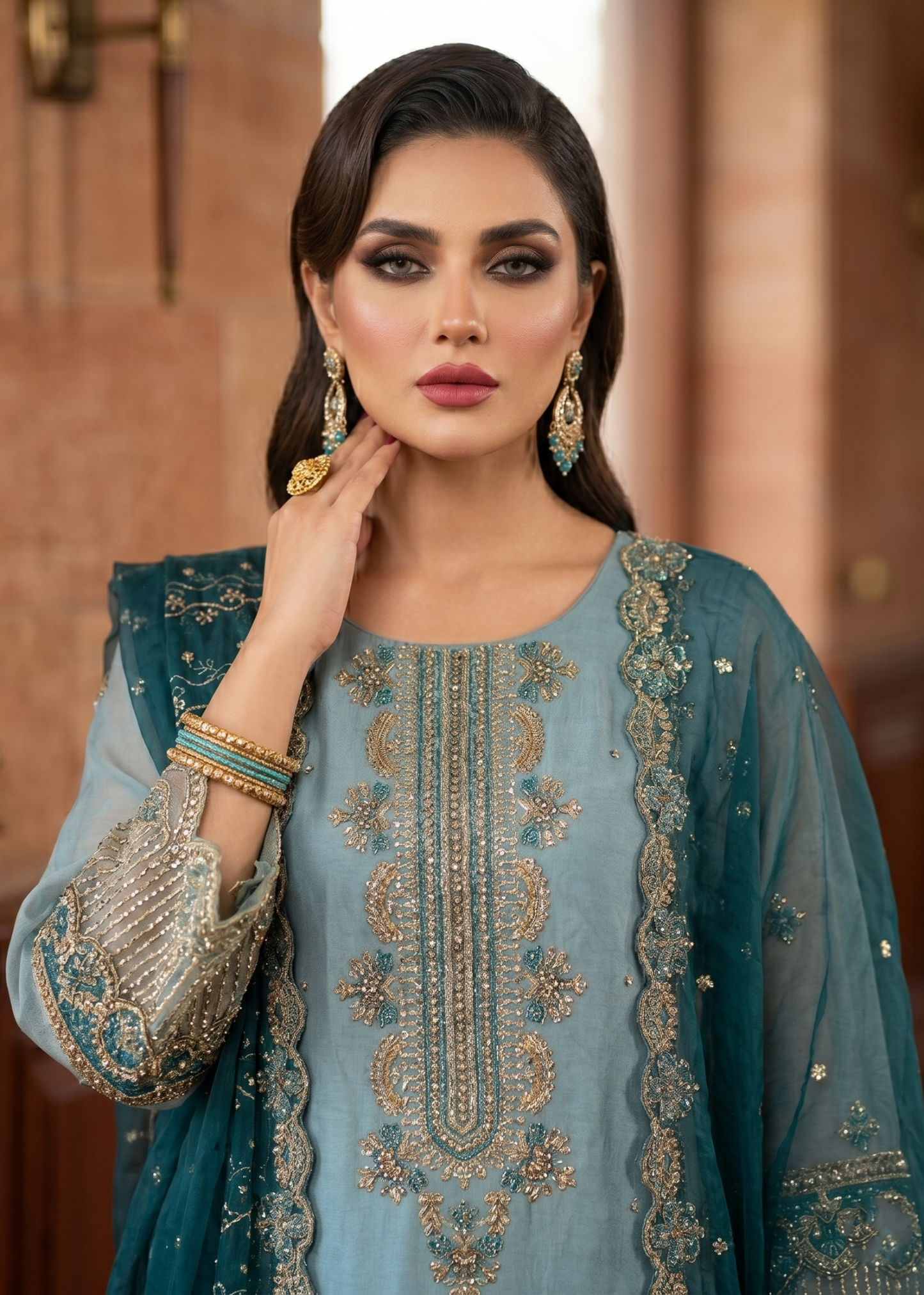 Aqua Embroidered Organza Three Piece Dress Material Online in Sri Lanka India Australia