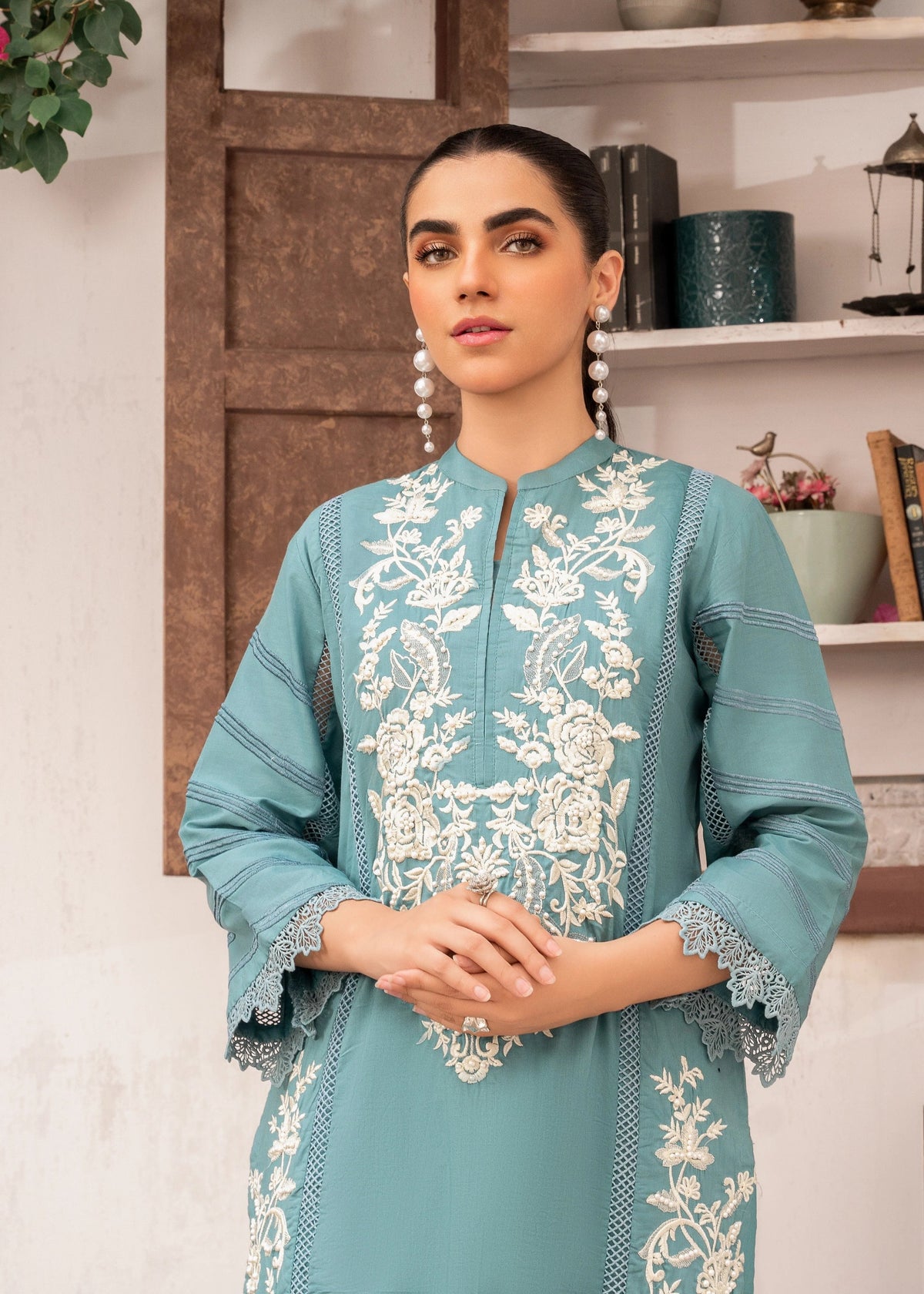 Aquamarine Embroidered Khaddar Kurta Set Readymade Online in UK USA Canada
