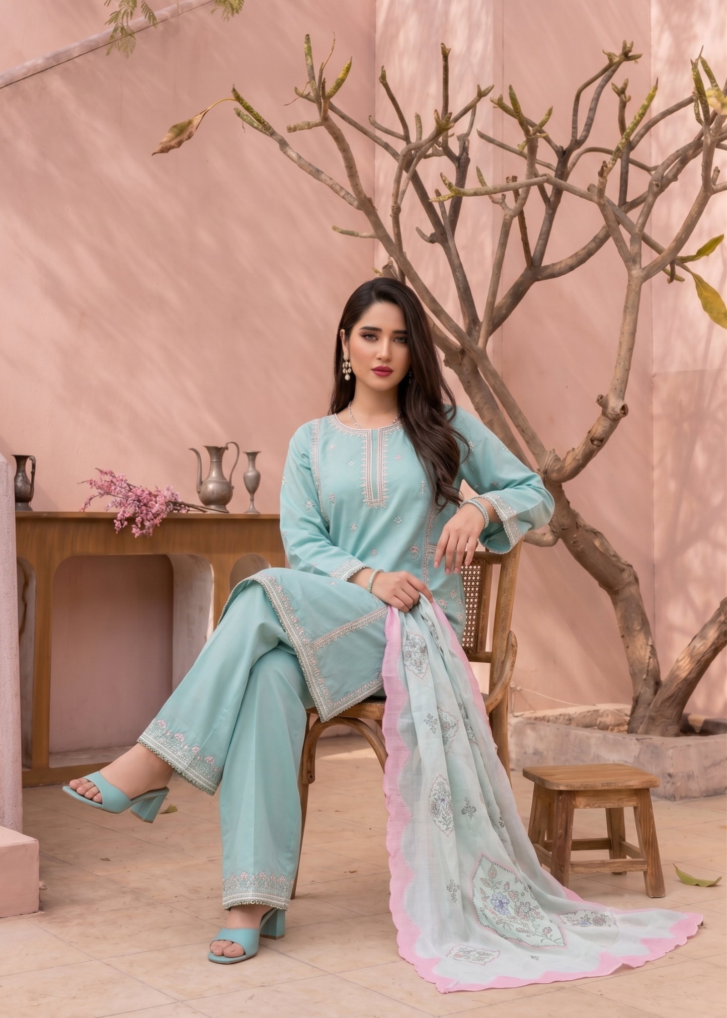 Aquamarine Embroidered Lawn 3 Piece Dress Material Online in UK USA Canada