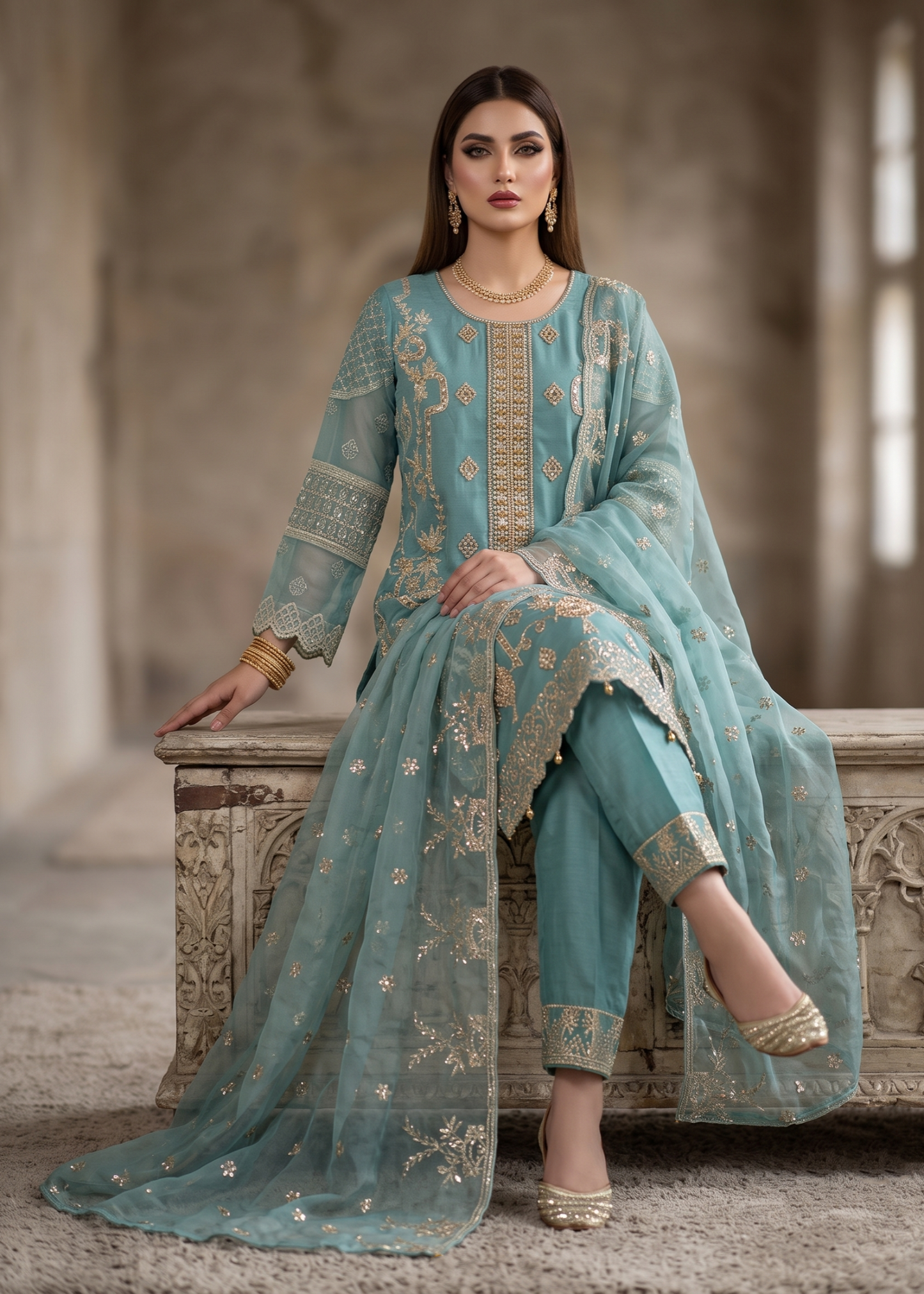 Aquamarine Organza Embroidered Festive Wear Suit Online in Dubai UAE Abudhabi Ajman Sharjah