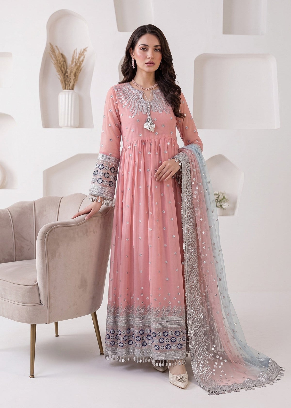 Baby Pink Embroidered Chiffon Pishwas Suit Online in Dubai DXB UAE Abudhabi Meena Bazaar
