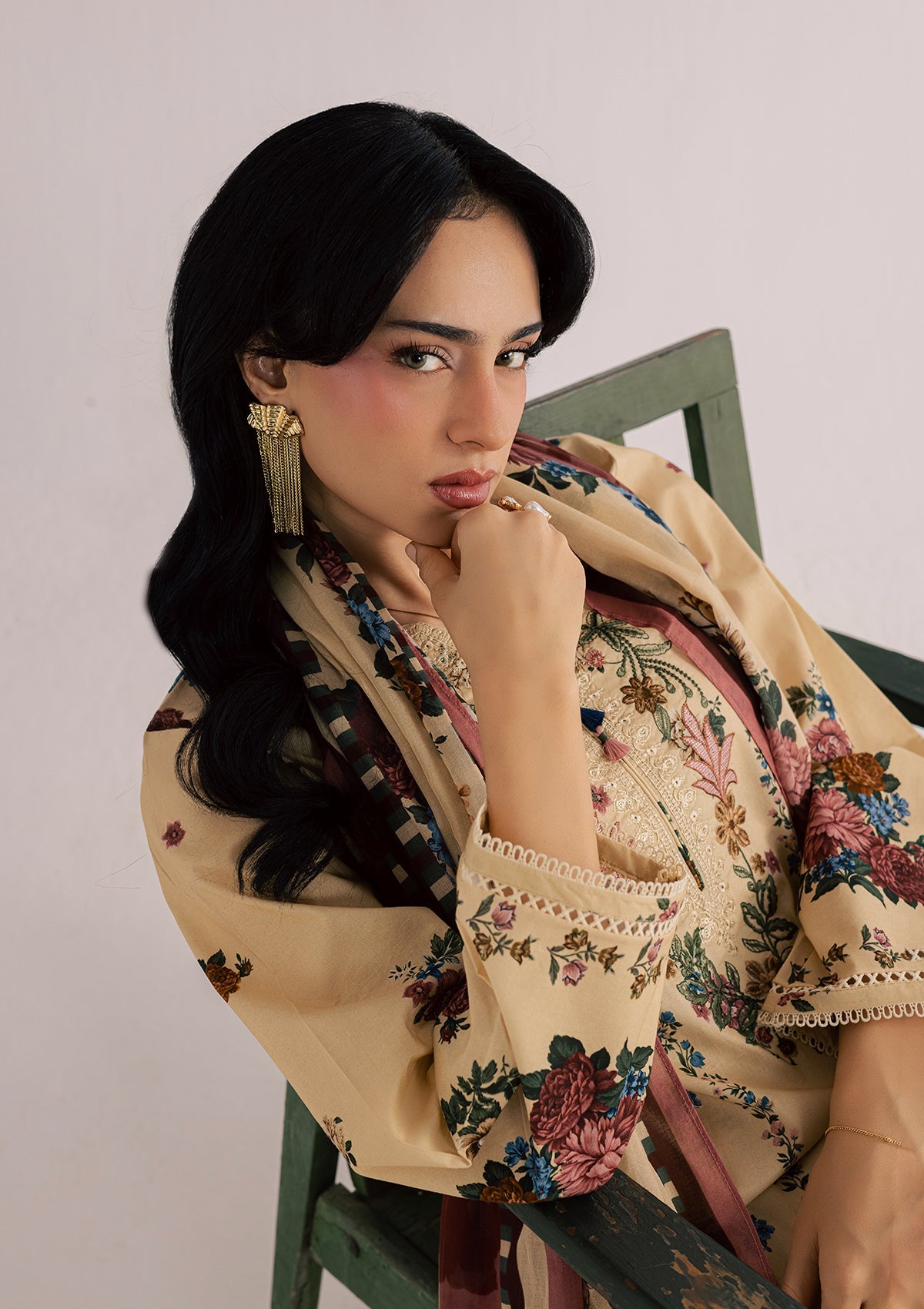 Beige Embroidered Lawn Kurta with Trouser Online in UK USA Canada