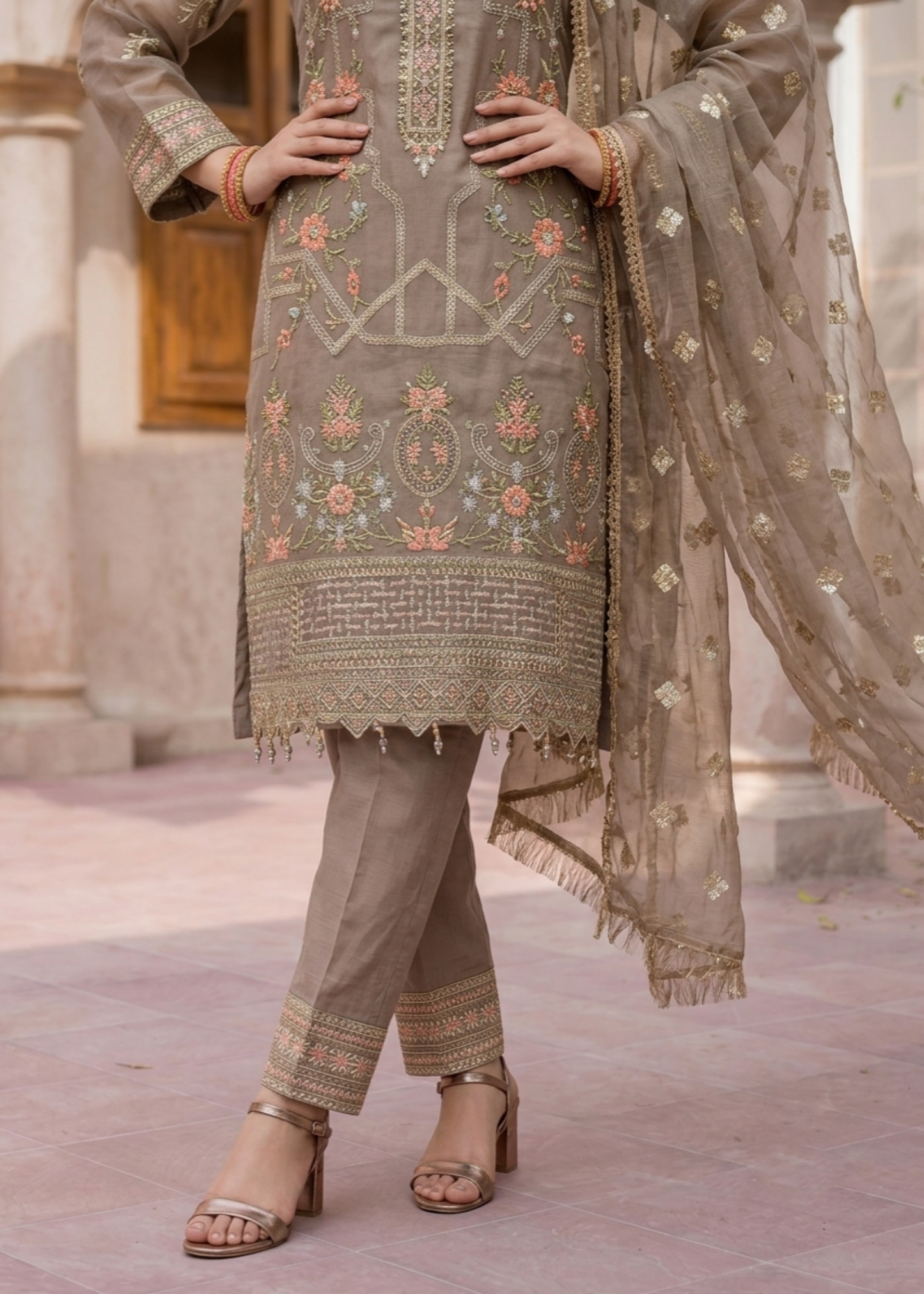 Beige Embroidered Organza Festive Wear Suit Online in Dubai UAE Abudhabi Ajman Sharjah