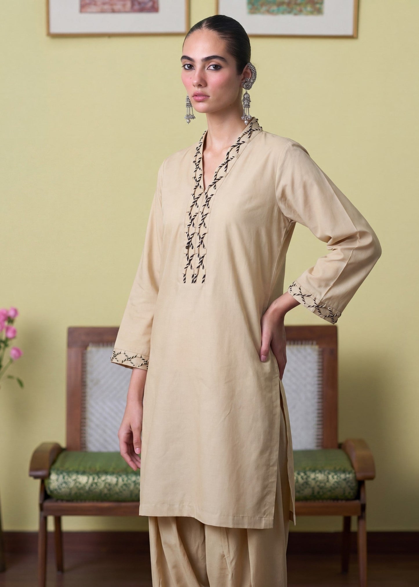 Beige Lacework Lawn Straight Kurta Set Online in Dubai UAE Abudhabi Ajman Sharjah