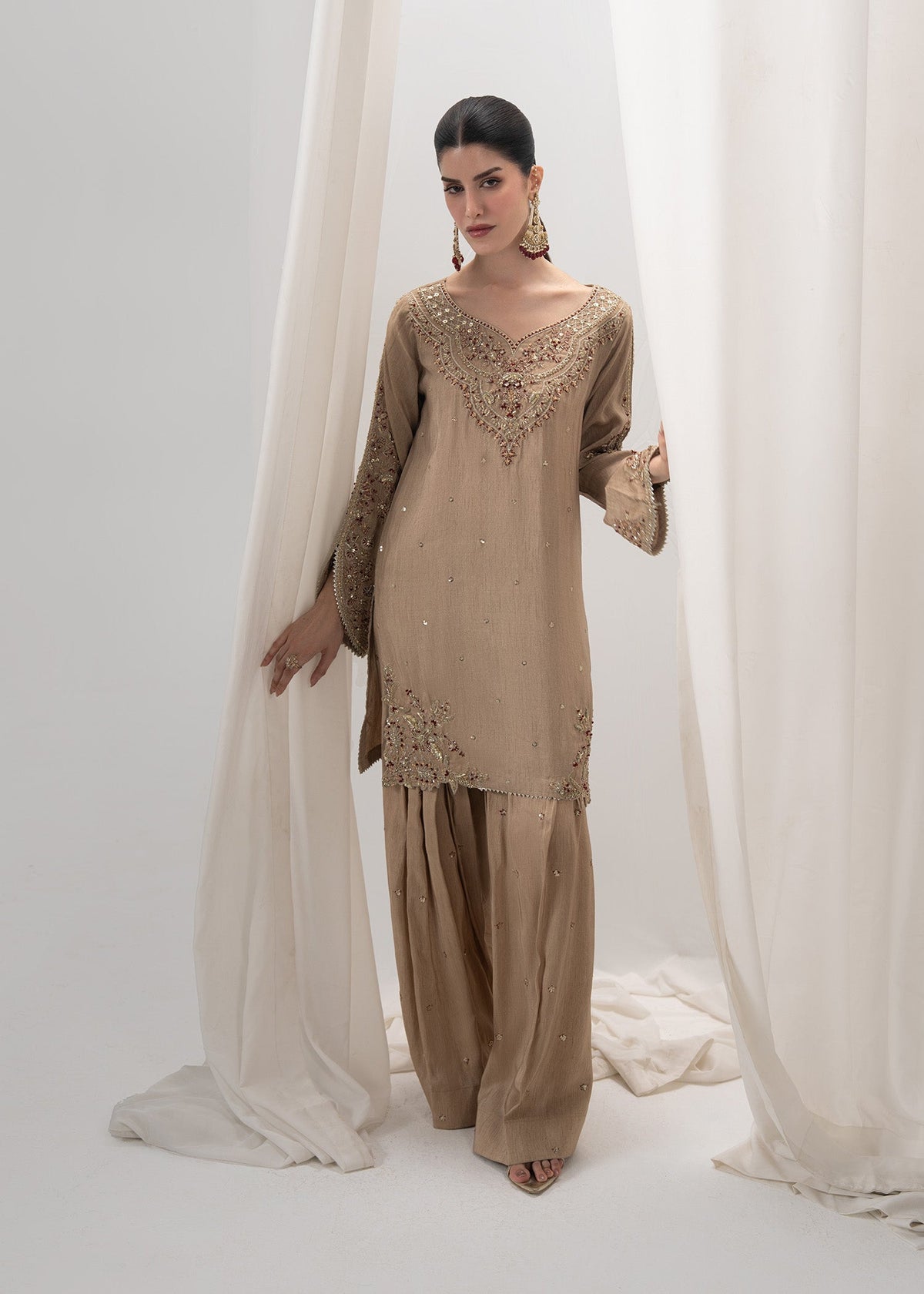 Beige Raw Silk Farshi Shalwar with Dupatta Online in Dubai UAE Abudhabi Ajman Sharjah