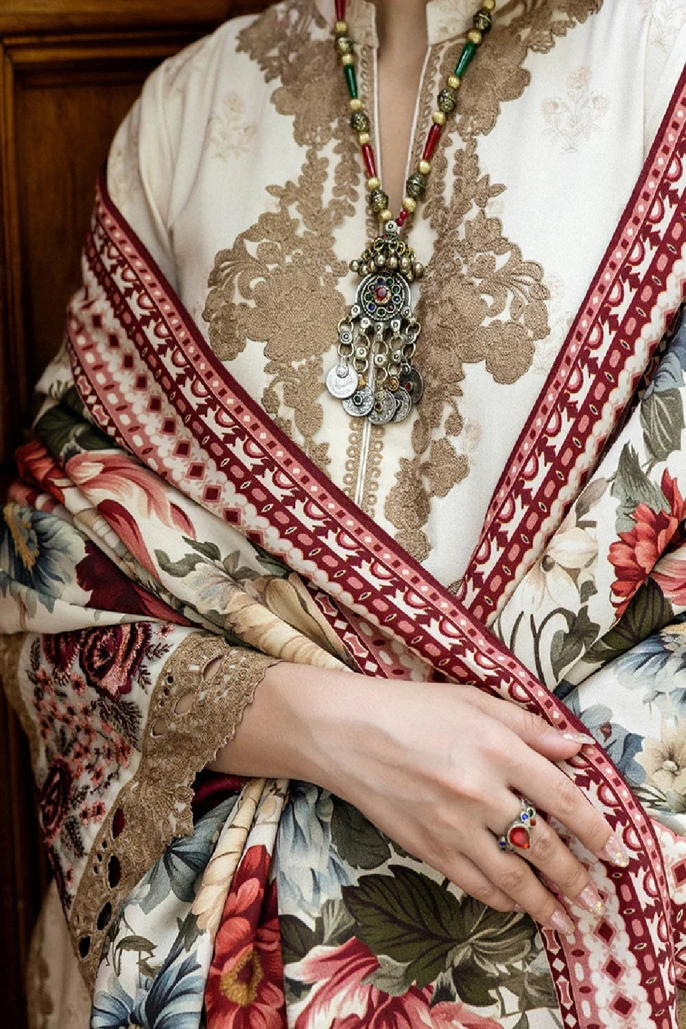 Beige Pure Lawn Suit with Chiffon Dupatta