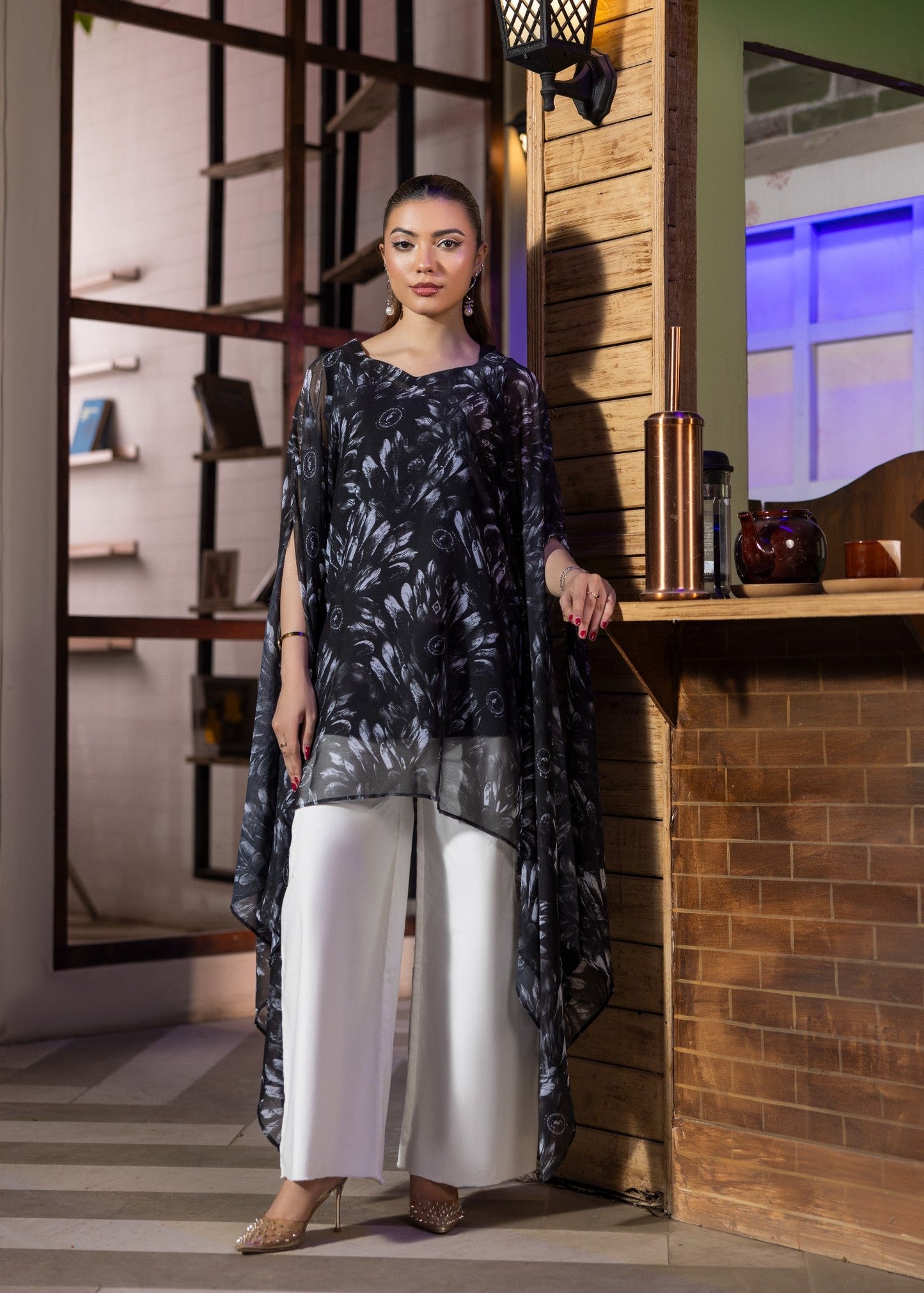 Black Chiffon Cape Kaftan Set for Women Online in Dubai UAE Abudhabi Ajman Sharjah
