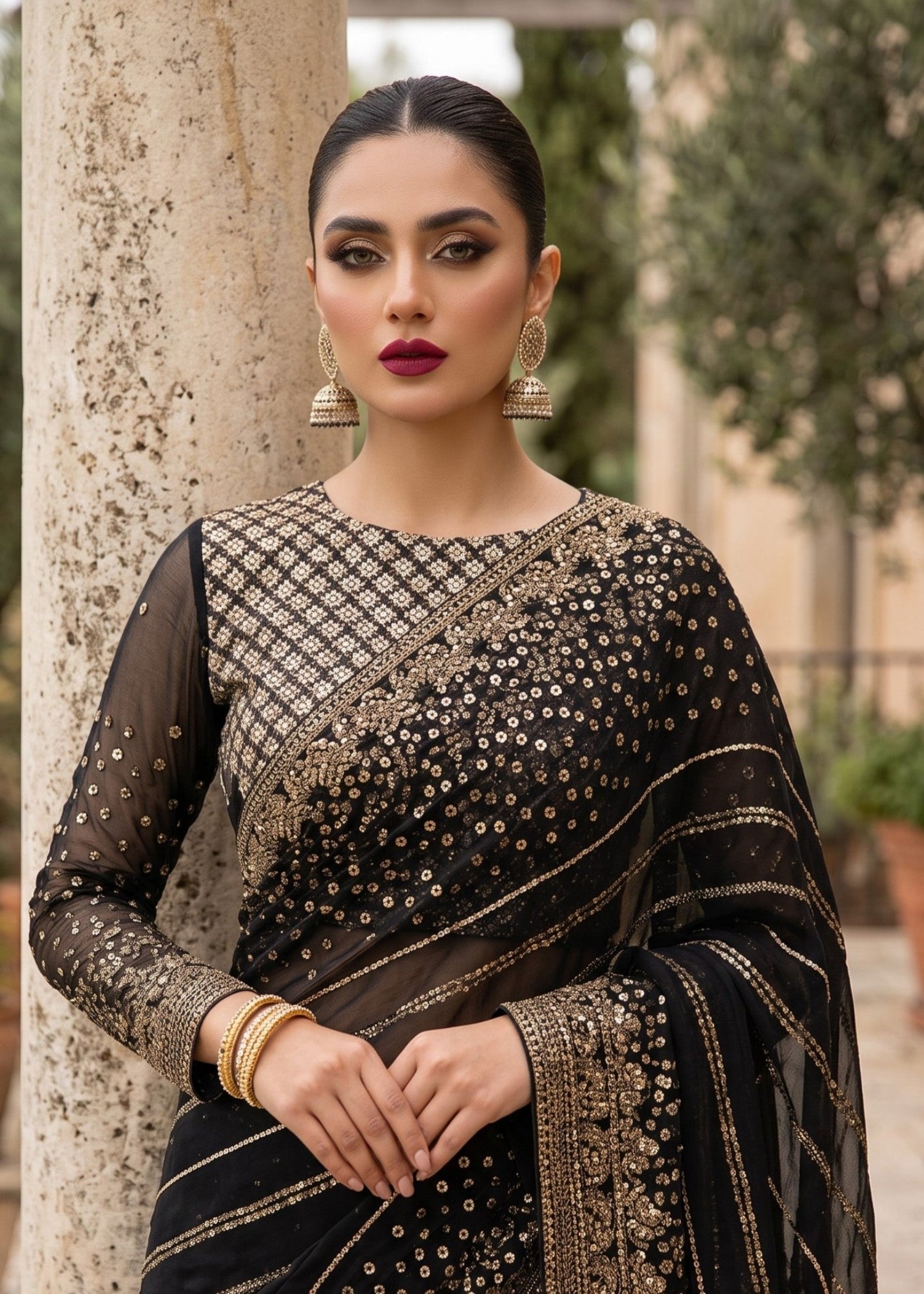 Black Embroidered Chiffon Saree for Women Online in KSA Riyadh Saudi Arabia Oman Bahrain Qatar