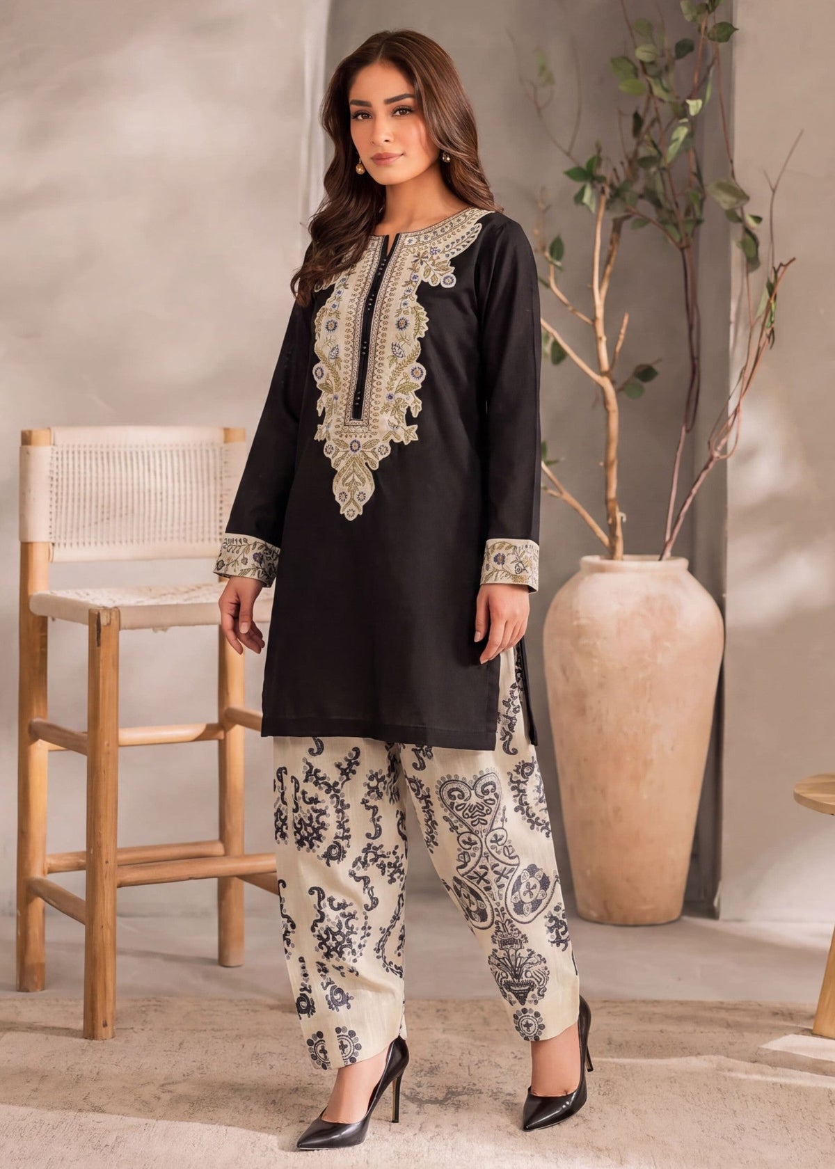 Black Embroidered Khaddar 2 Piece Kurta Set Online in Dubai DXB UAE Abudhabi Meena Bazaar