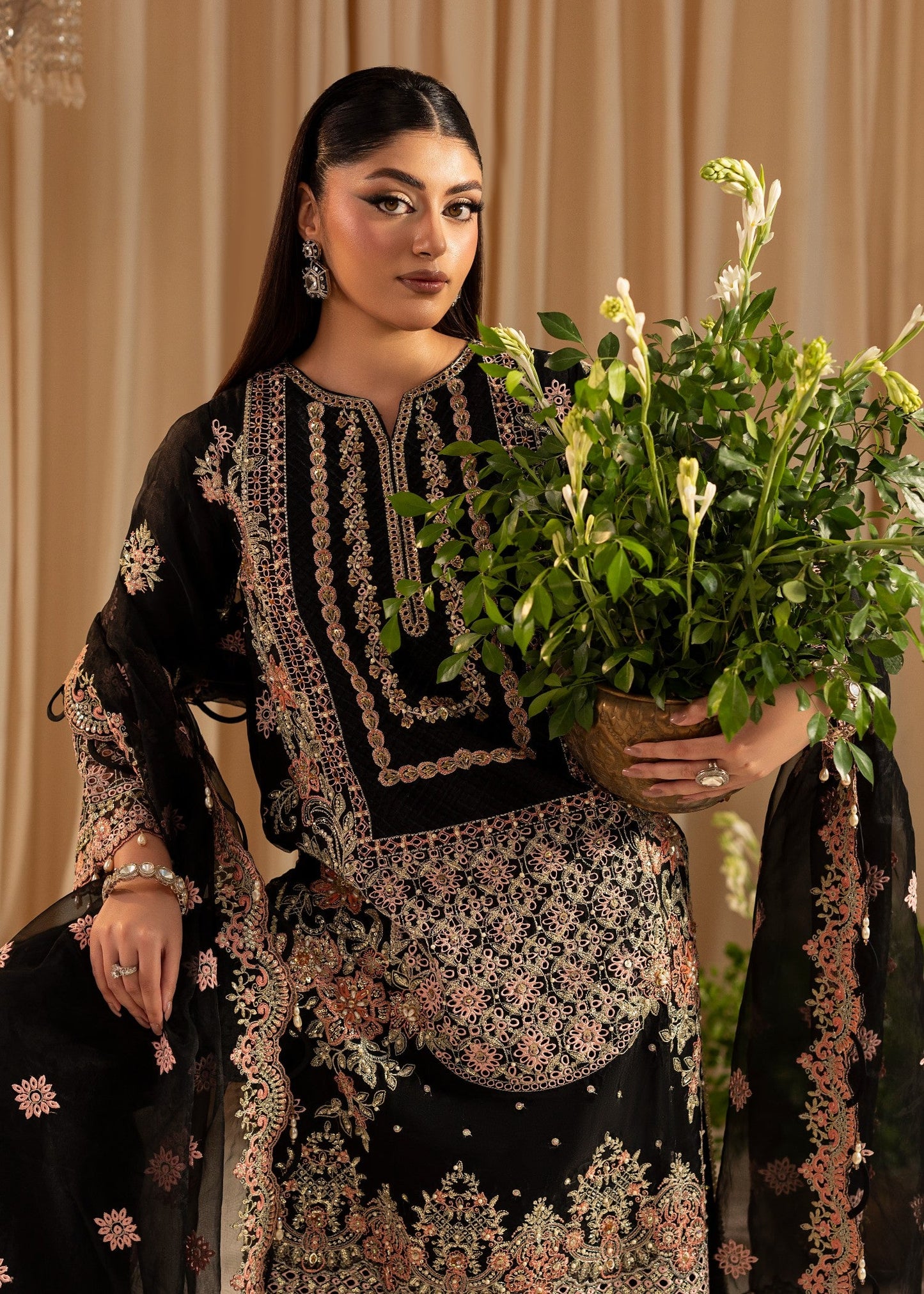 Black Embroidered Organza Ladies Suit Online in UK USA Canada
