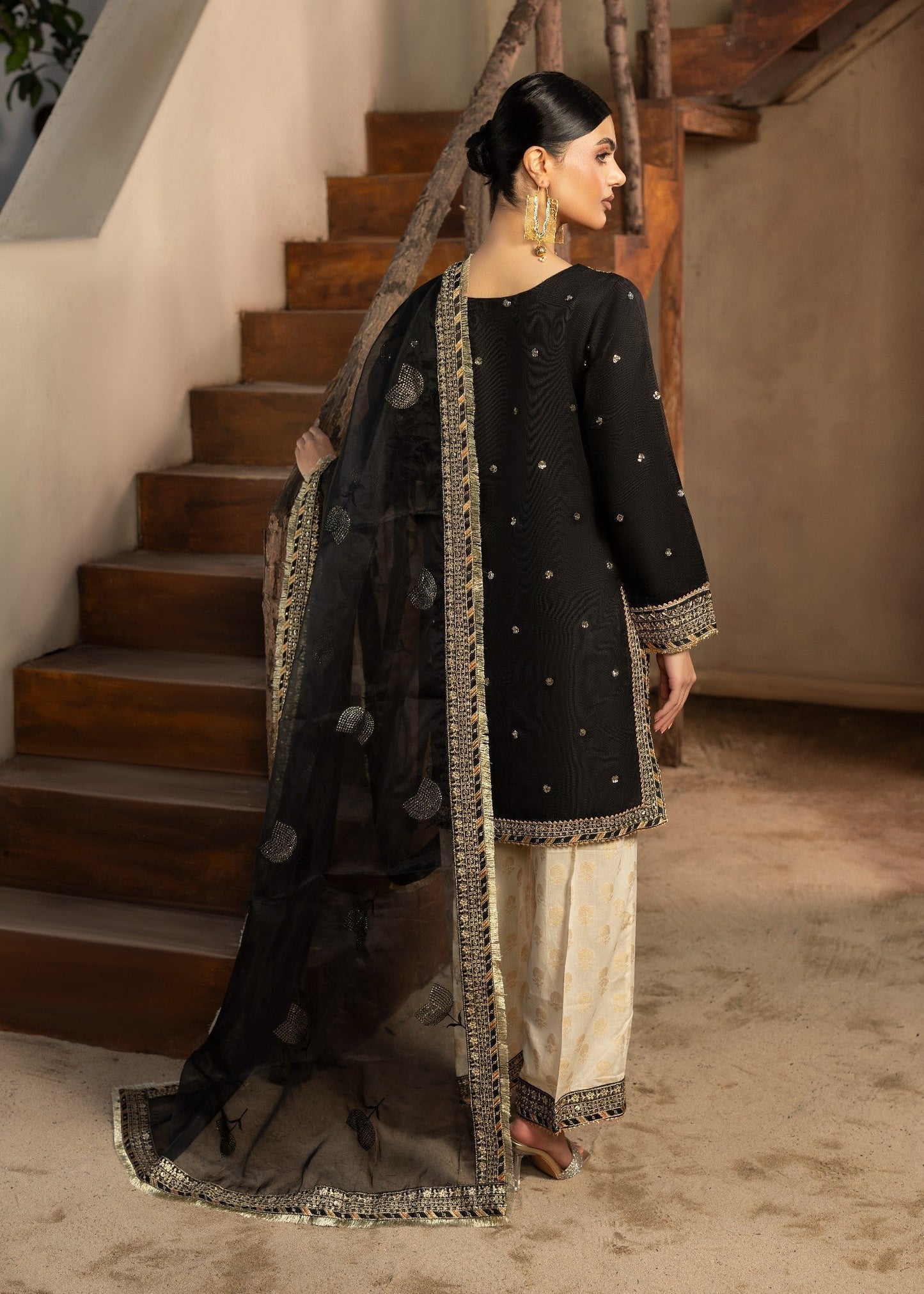 Black Embroidered Raw Silk Party Wear Suit Online in Dubai UAE Abudhabi Ajman Sharjah