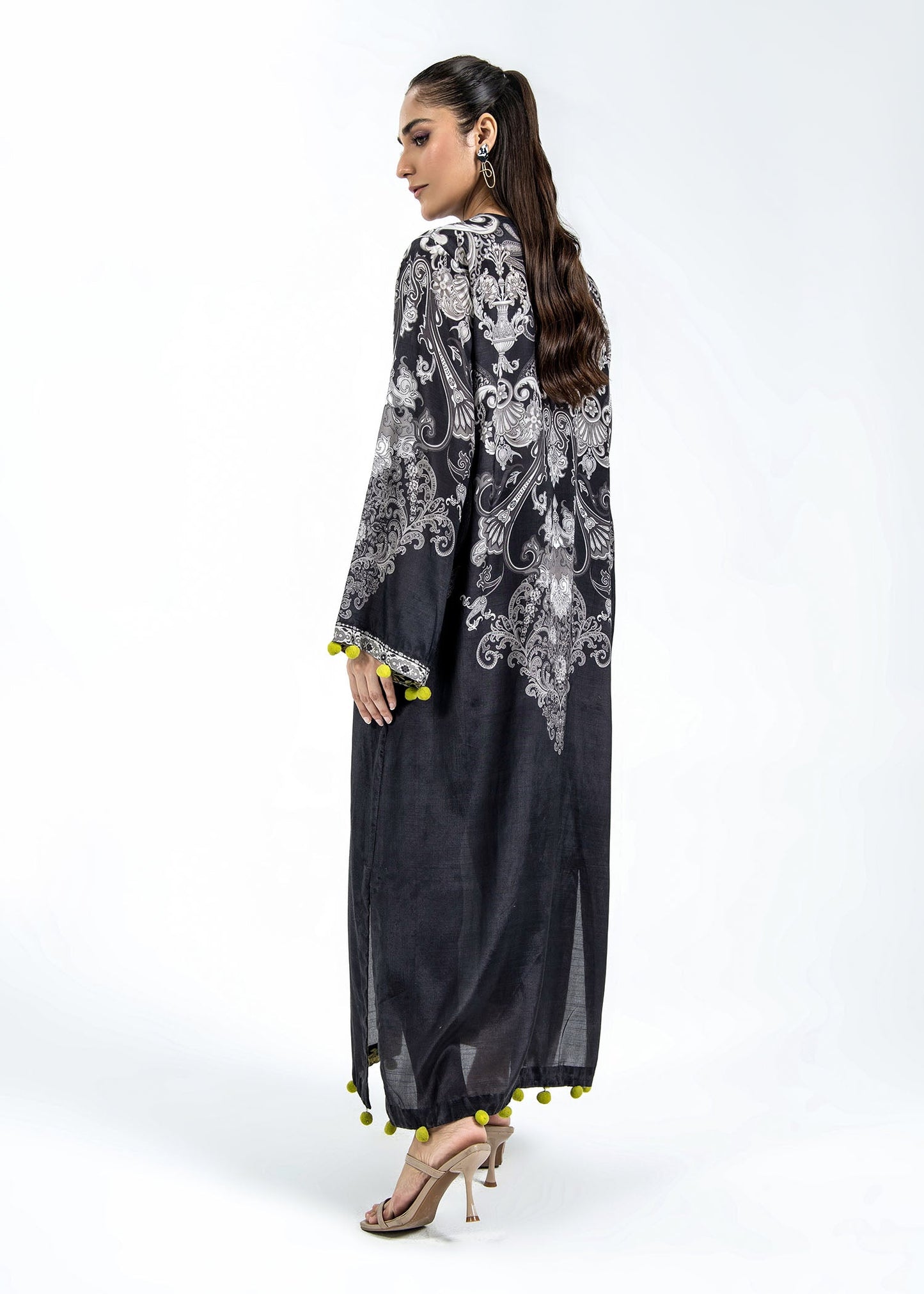 Black Raw Silk Long Kaftan with Mint Green Details Online in Dubai UAE Abudhabi Ajman Sharjah