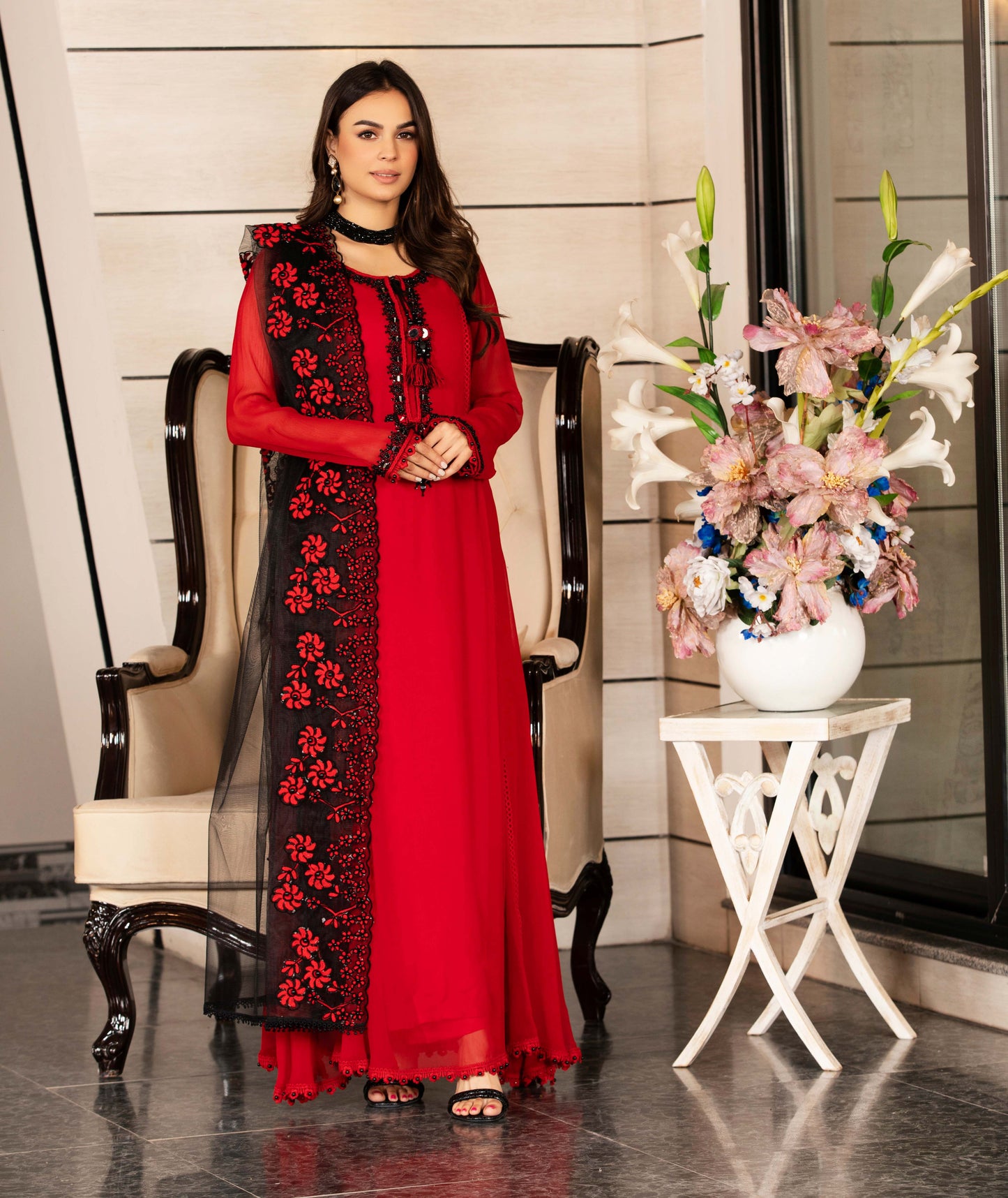 Red Readymade Pure Chiffon Suit Size 44