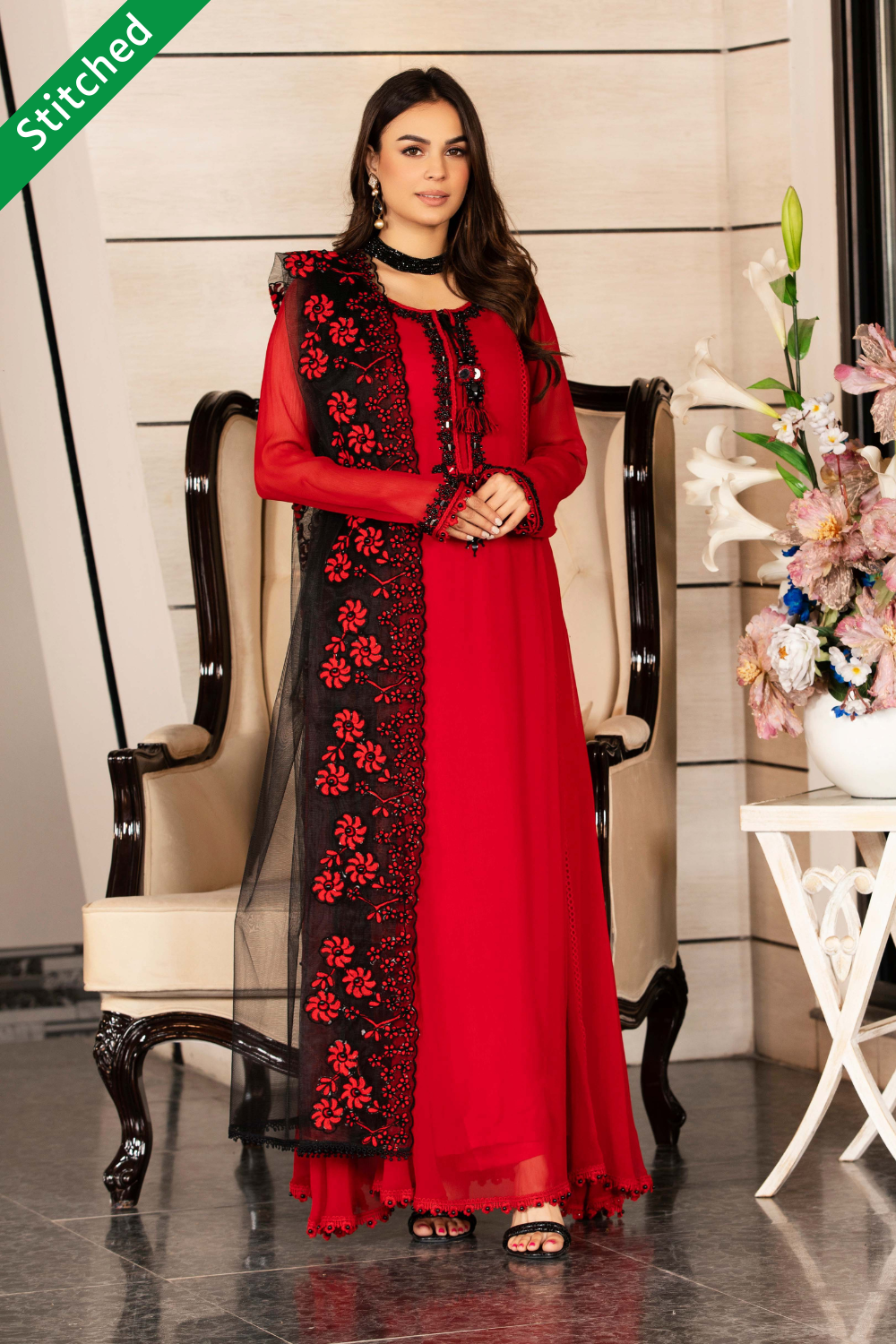 Red & Black Hand Embroidered Pure Chiffon Suit