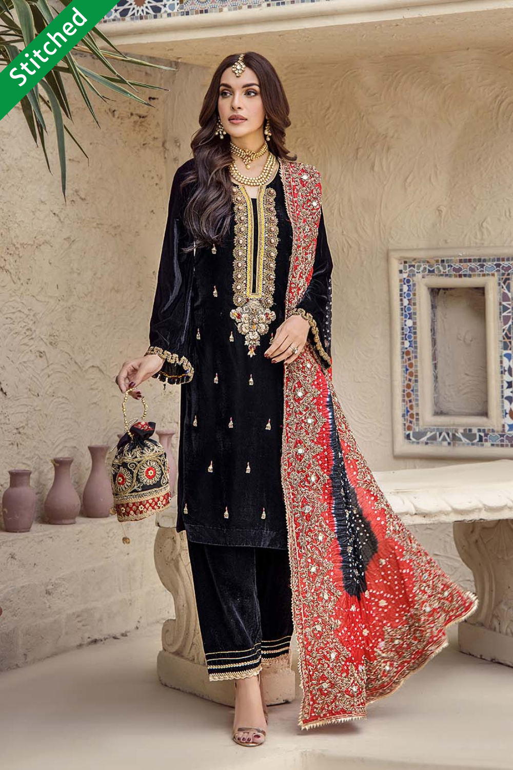 Black Hand Embroidered Crinkle Chiffon Suit