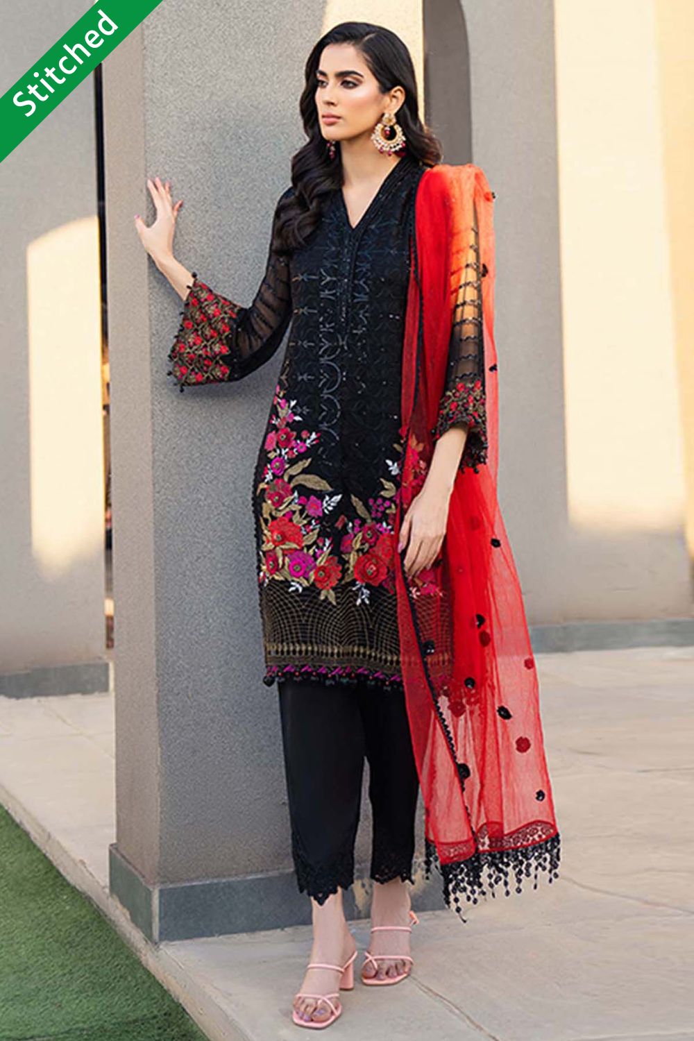 Buy Pure Chiffon Black Suit with Red Dupatta Online