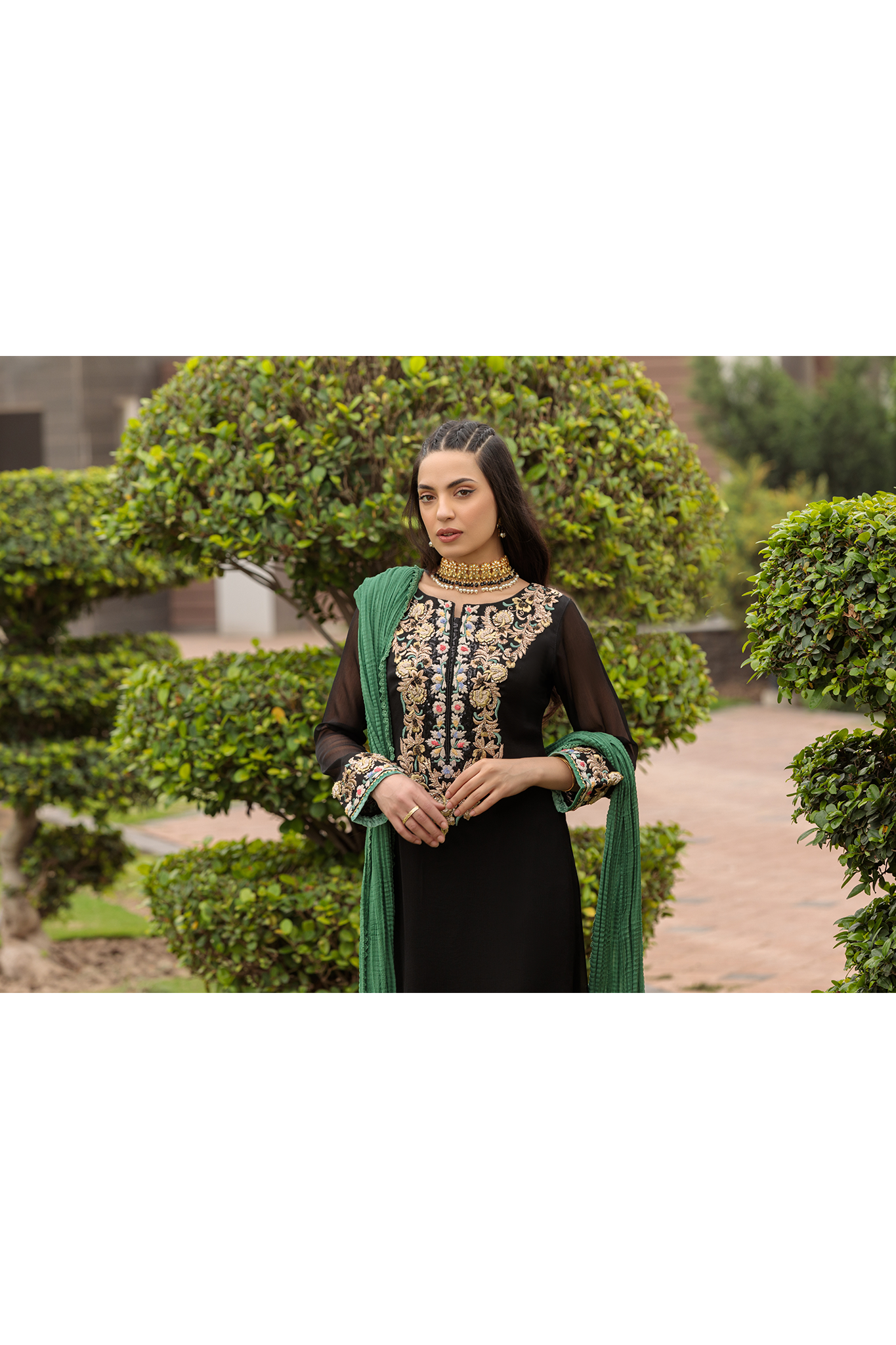 Black Hand Embroidered Pure Chiffon Suit