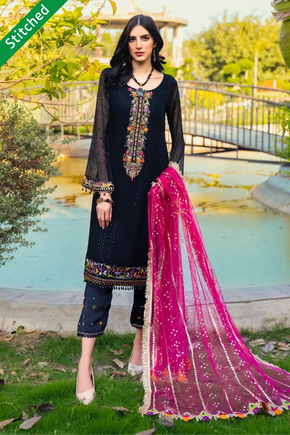 Black Hand Embroidered Pure Chiffon Suit