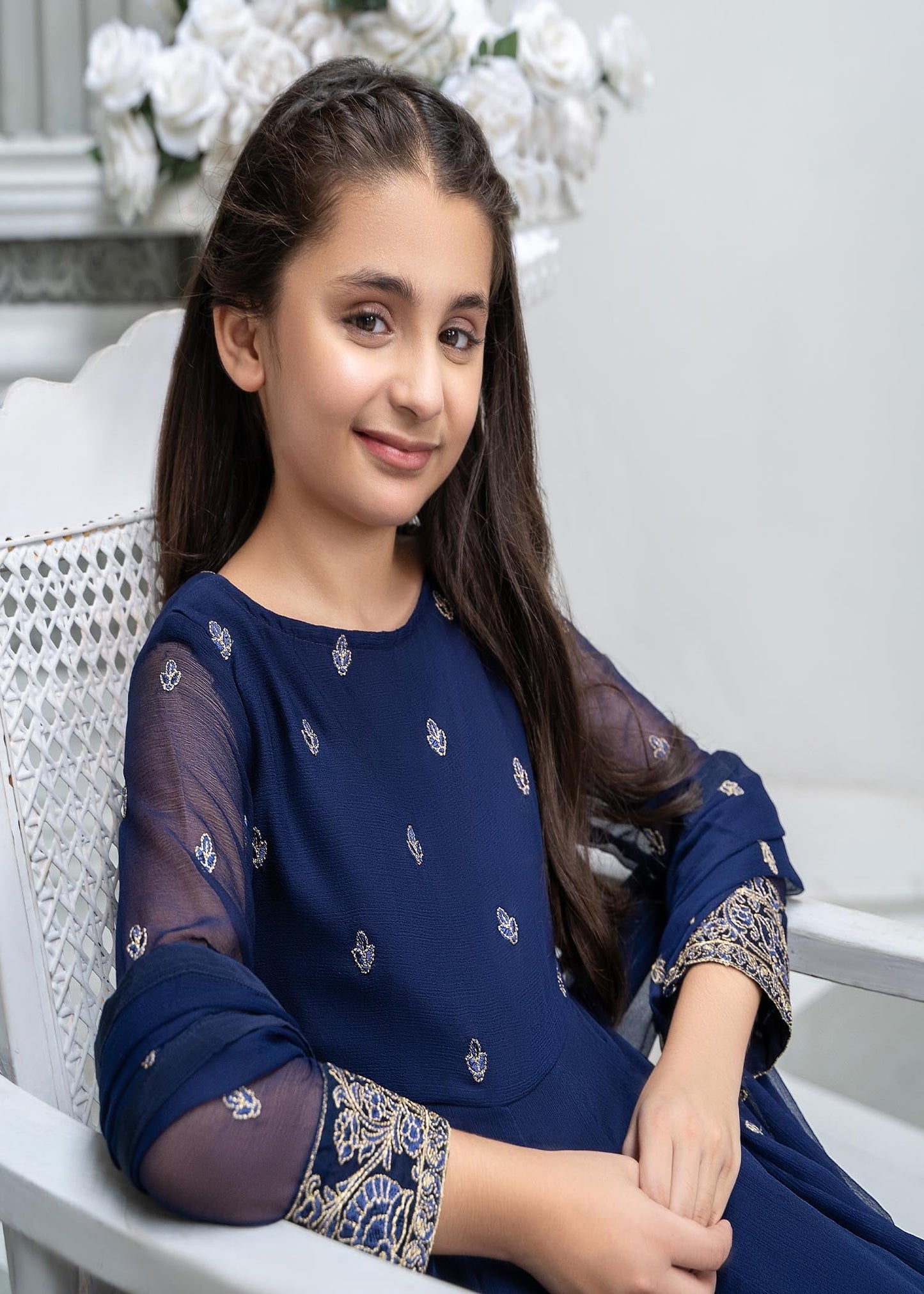 Blue Chiffon Embroidered Pishwas Dupatta Set Online in Dubai UAE Abudhabi Ajman Sharjah