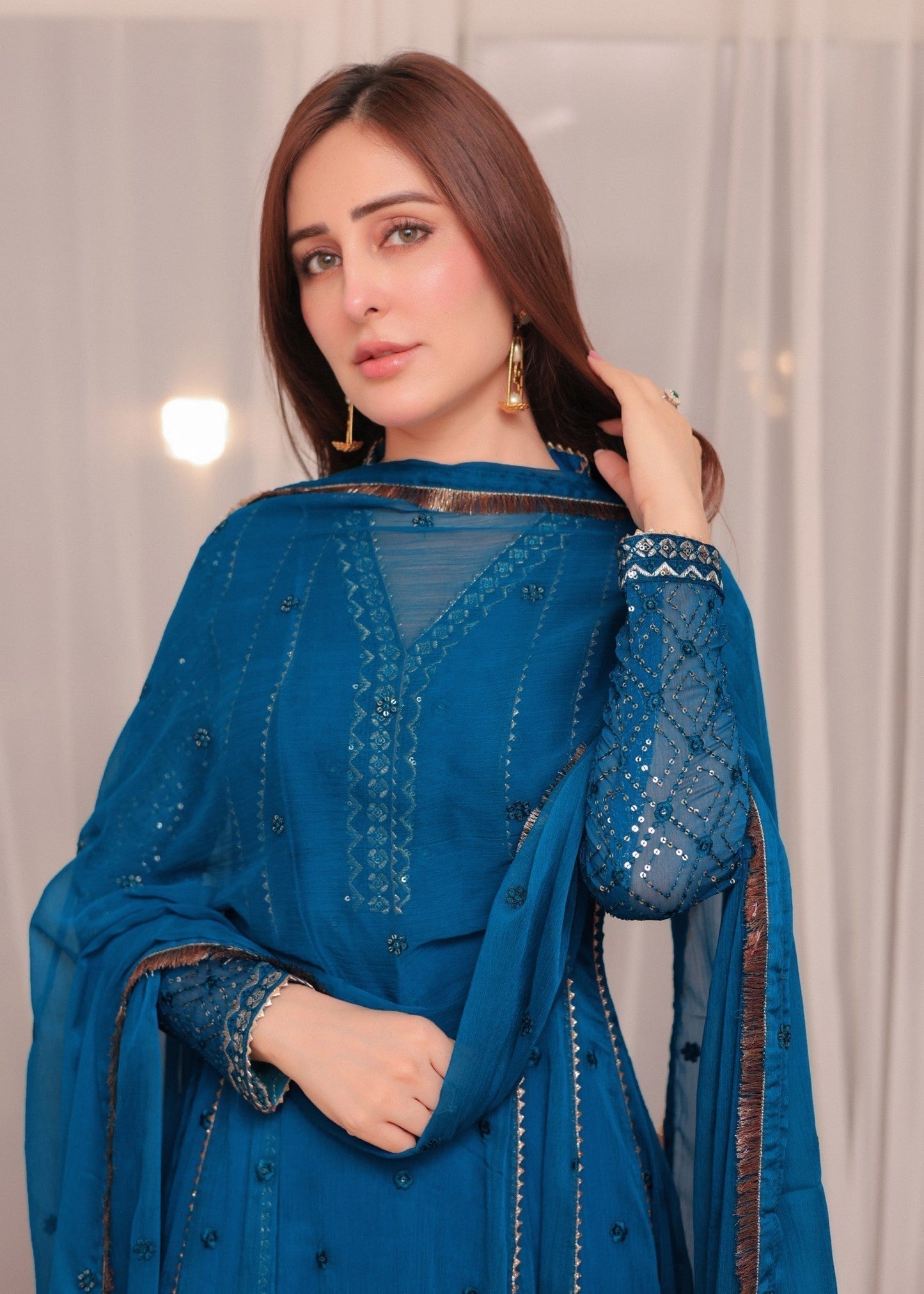 Blue Chiffon Festive Wear Suit with Sequence Boti Work Online in Dubai UAE Abudhabi Ajman Sharjah