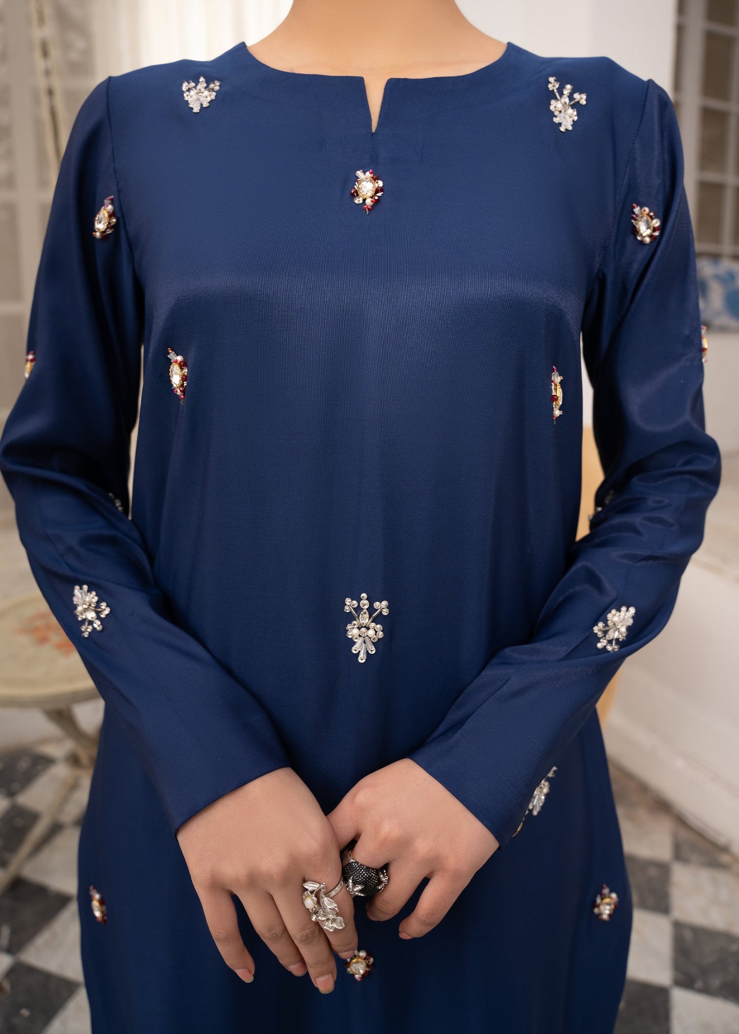 Blue Stone Crystal Work Kattan Silk Outfit Online in Dubai DXB UAE Abudhabi Meena Bazaar