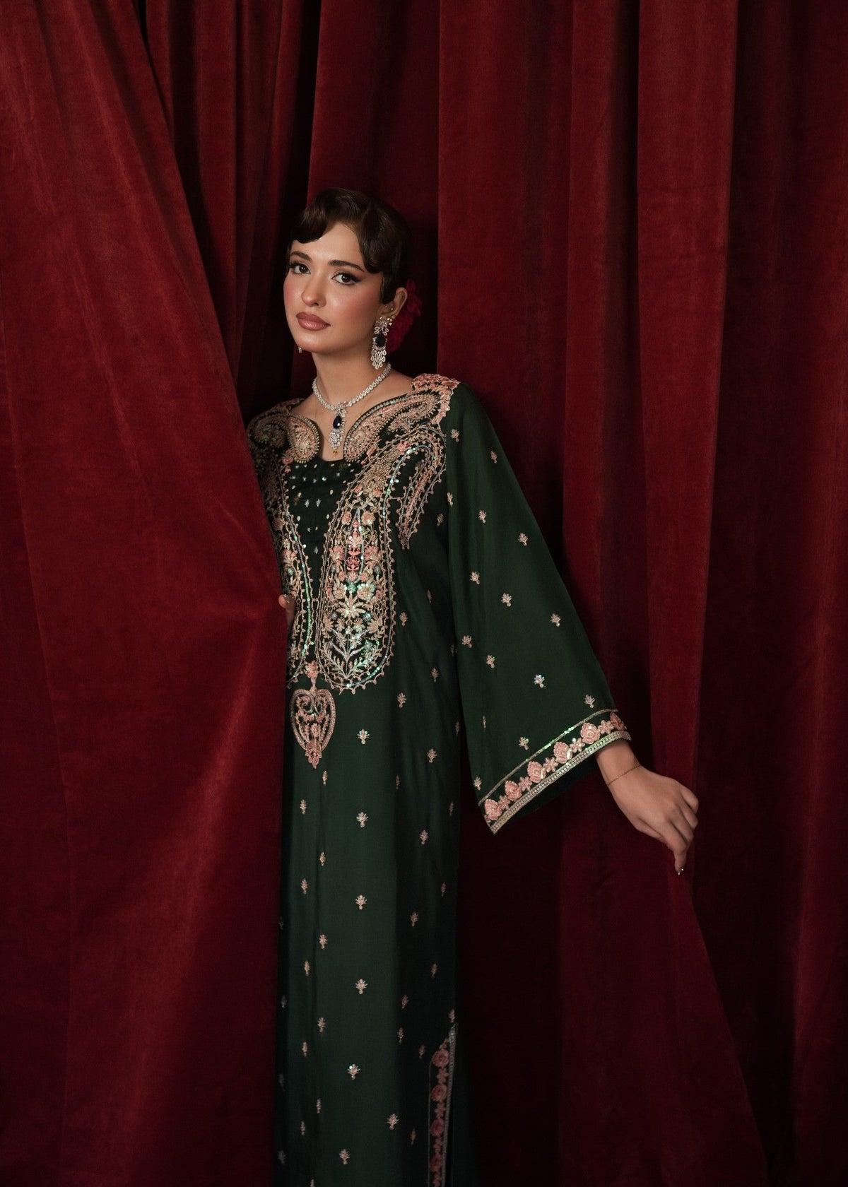 Bottle Green Embroidered Raw Silk Kaftan Online in Dubai DXB UAE Abudhabi Meena Bazaar