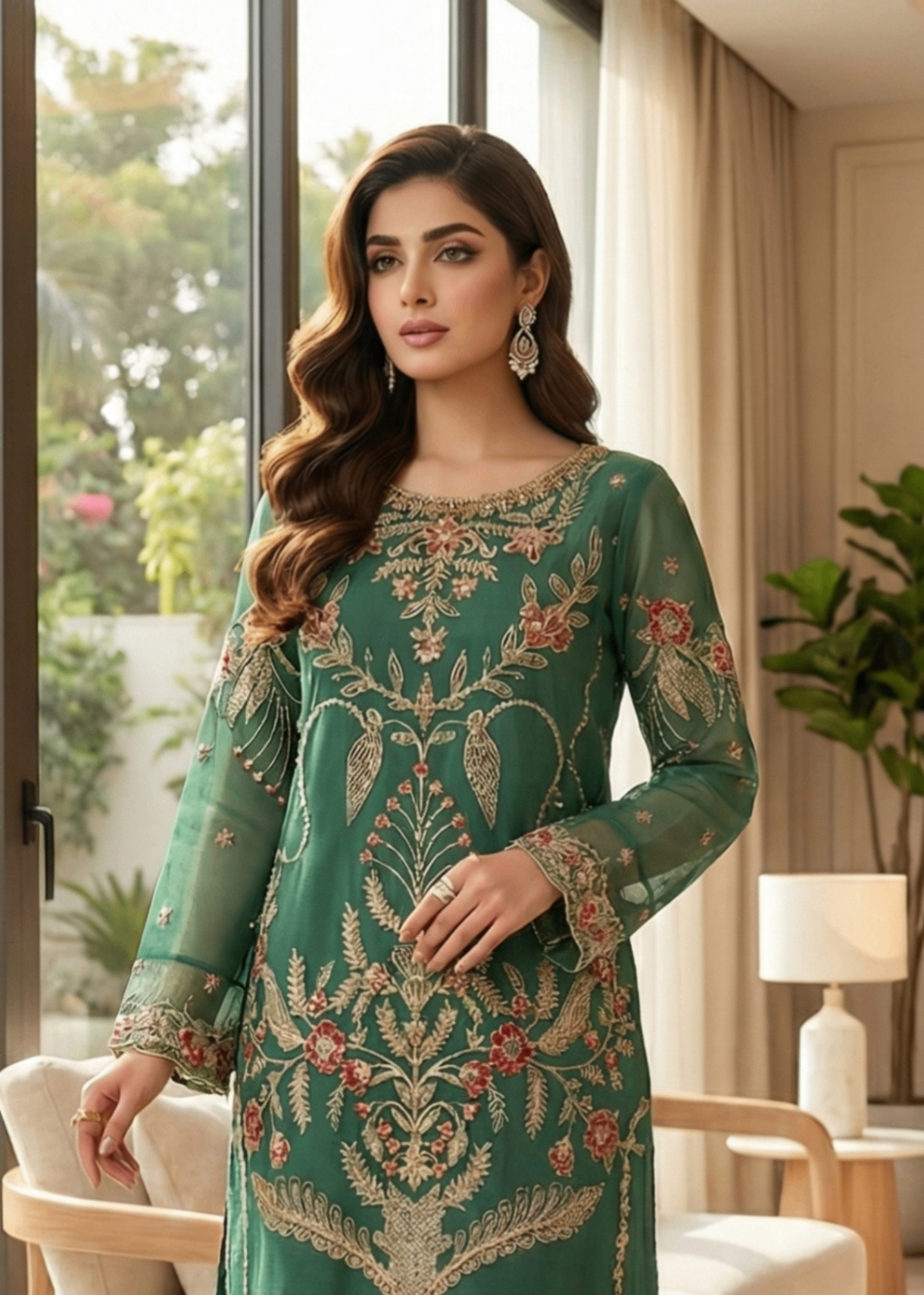 Bottle Green Festive Wear Organza Salwar Suit Online in Dubai DXB UAE Abudhabi Meena Bazaar