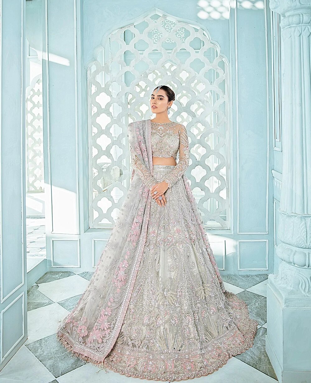 Grey & Powder Pink Handmade Bridal Lehenga