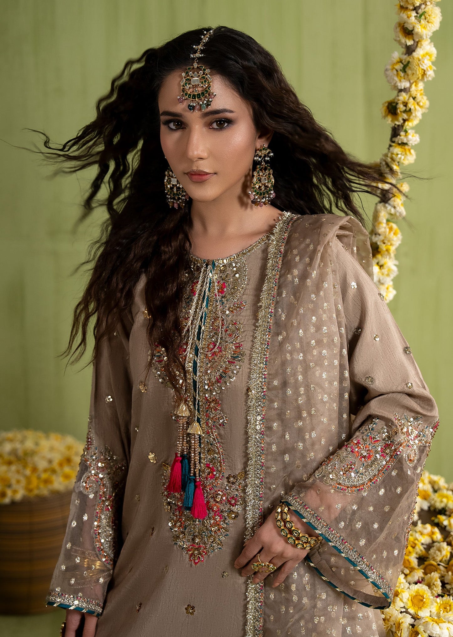 Brown Organza Dupatta with Raw Silk Kurta Set Online in Dubai UAE Abudhabi Ajman Sharjah