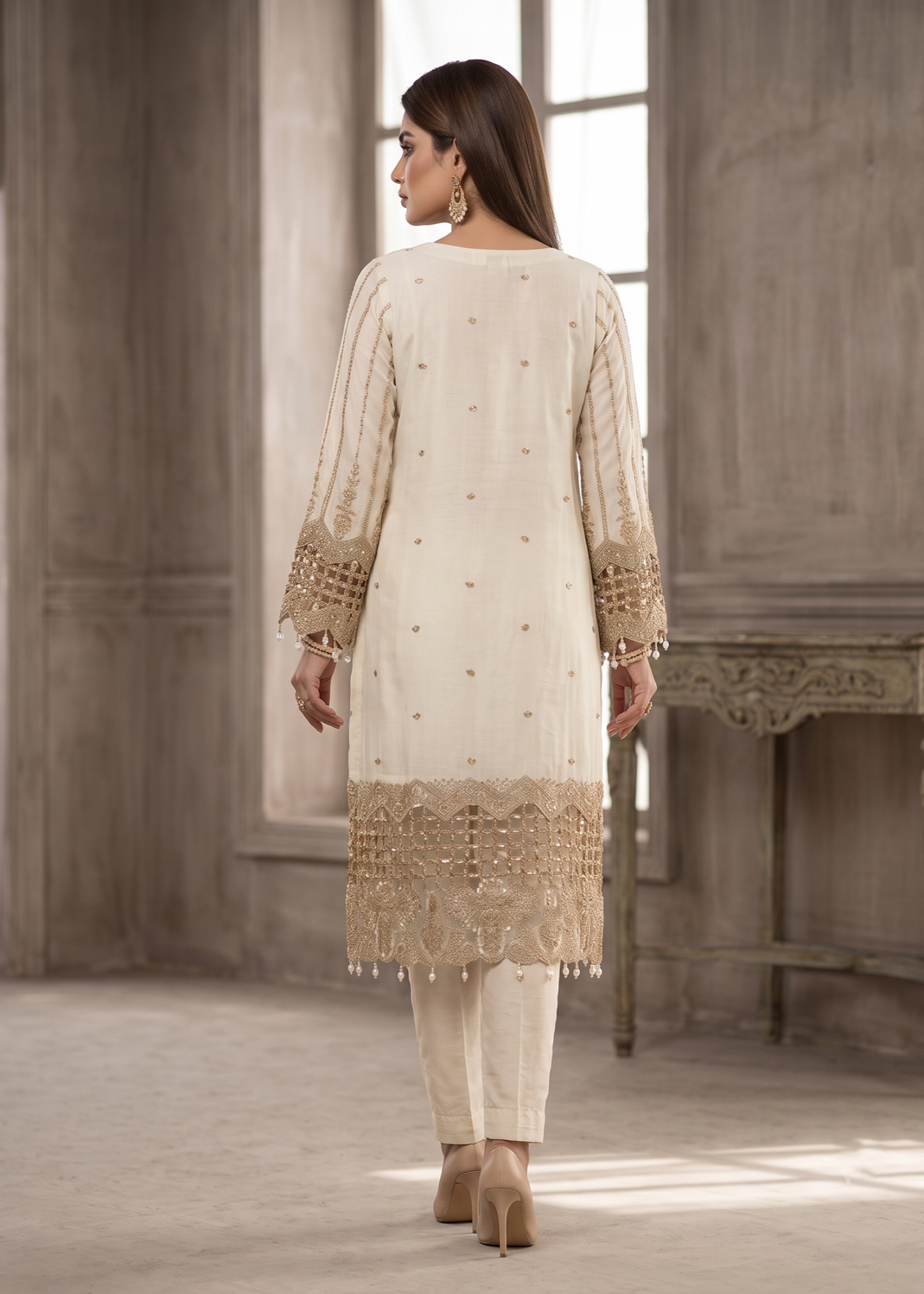 Buy Embroidered Off-White Chiffon Pakistani Designer Suit Online in Dubai UAE Abudhabi Ajman Sharjah