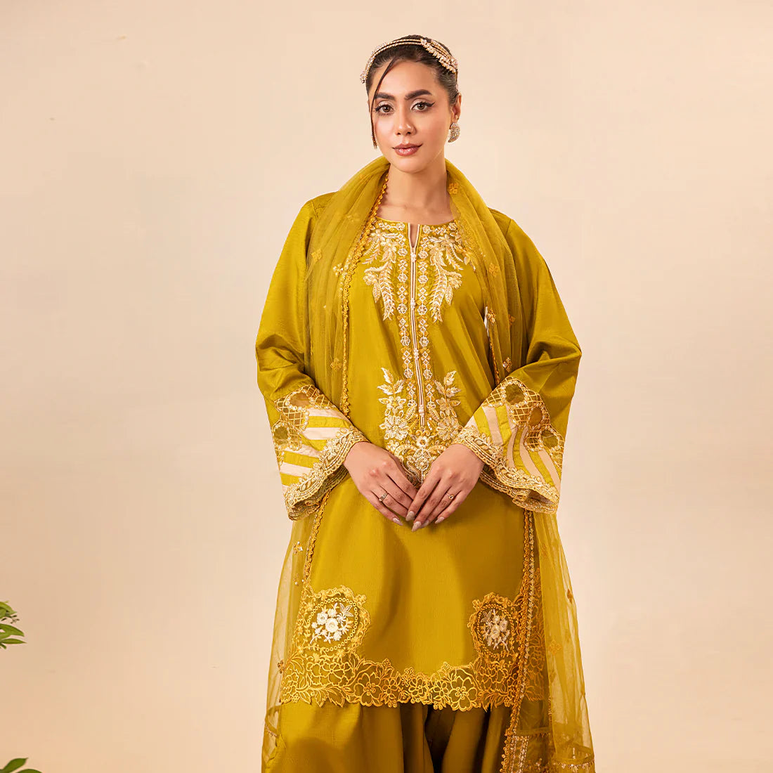 Buy Gold Embroidered Silk Farshi Shalwar Online in Dubai DXB UAE Abudhabi Meena Bazaar