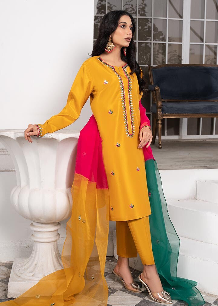 Buy Mustard Organza Dupatta Mirror Work Suit Online in Dubai DXB UAE Abudhabi Meena Bazaar