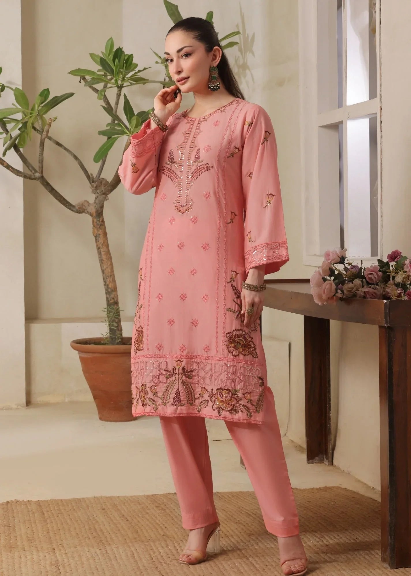 Buy Peach Embroidered Lawn Suit Online in Dubai DXB UAE Abudhabi Meena Bazaar