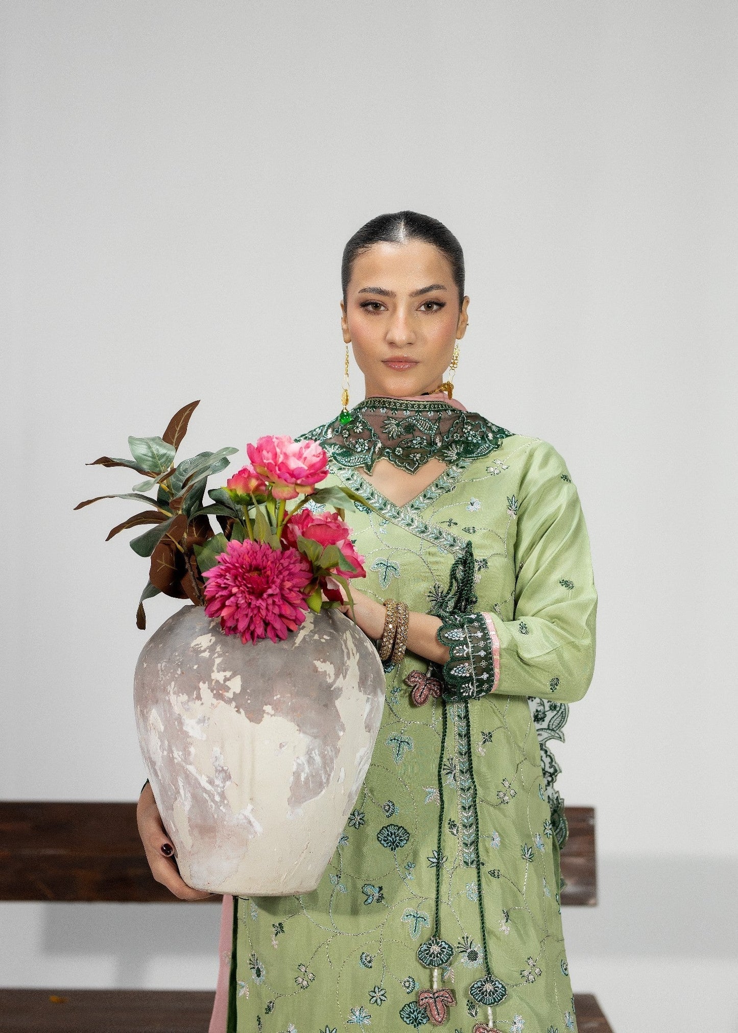 Buy Pistachio Green Embroidered Silk Festive Suit Online in Dubai DXB UAE Abudhabi Meena Bazaar