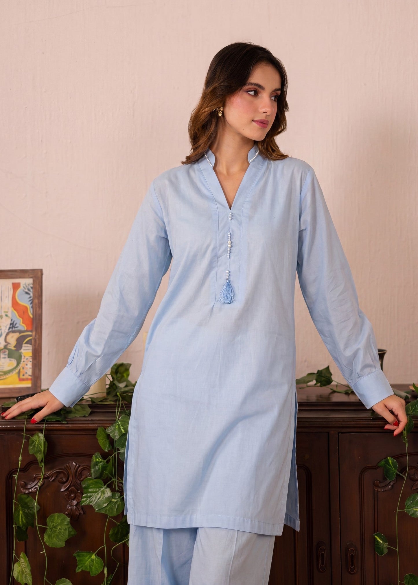 Buy Sky Blue Lawn Kurta with Tassel Work Online in Dubai UAE Abudhabi Ajman Sharjah