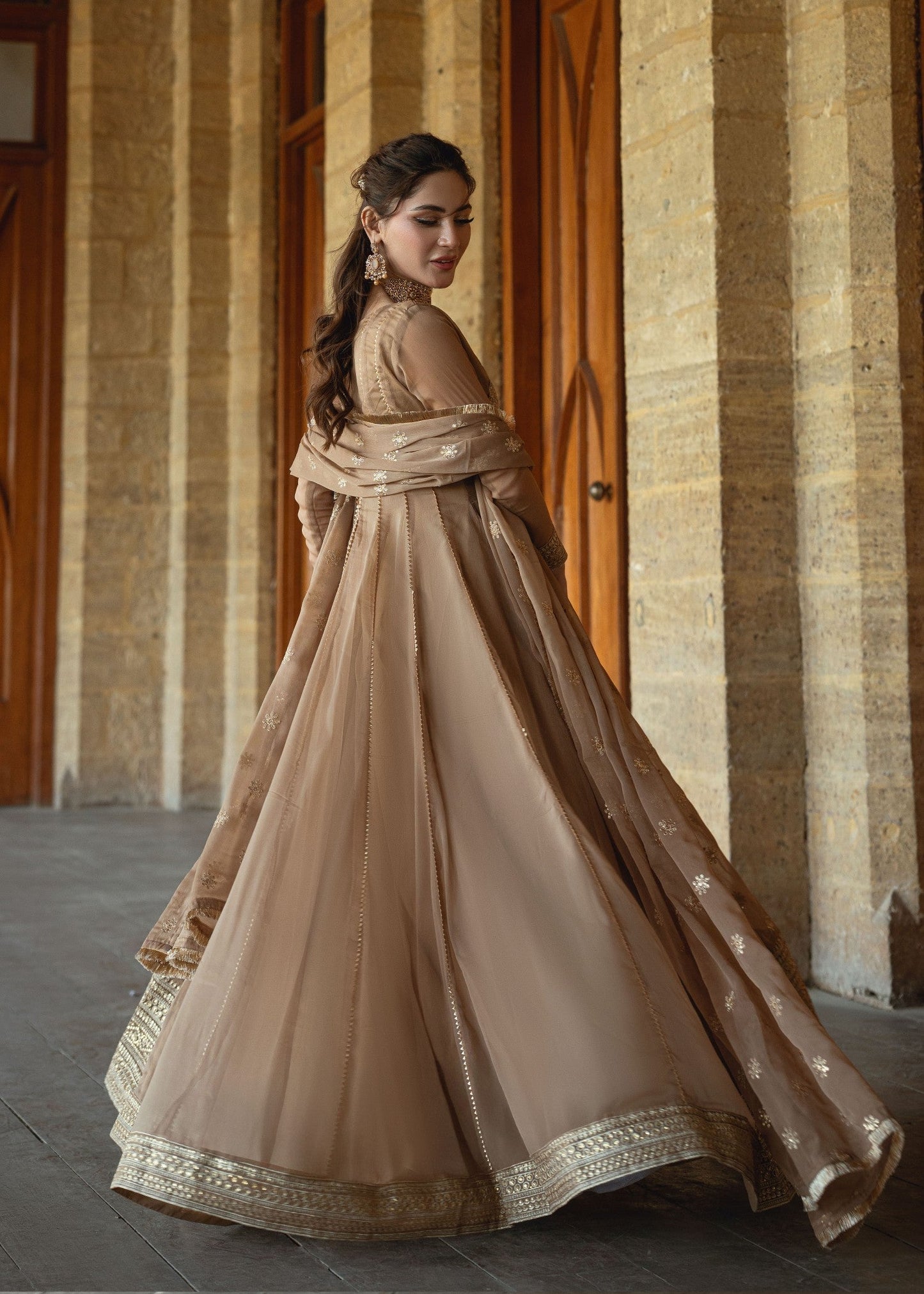 Camel Brown Embellished Chiffon Maxi Dress Online in UK USA Canada
