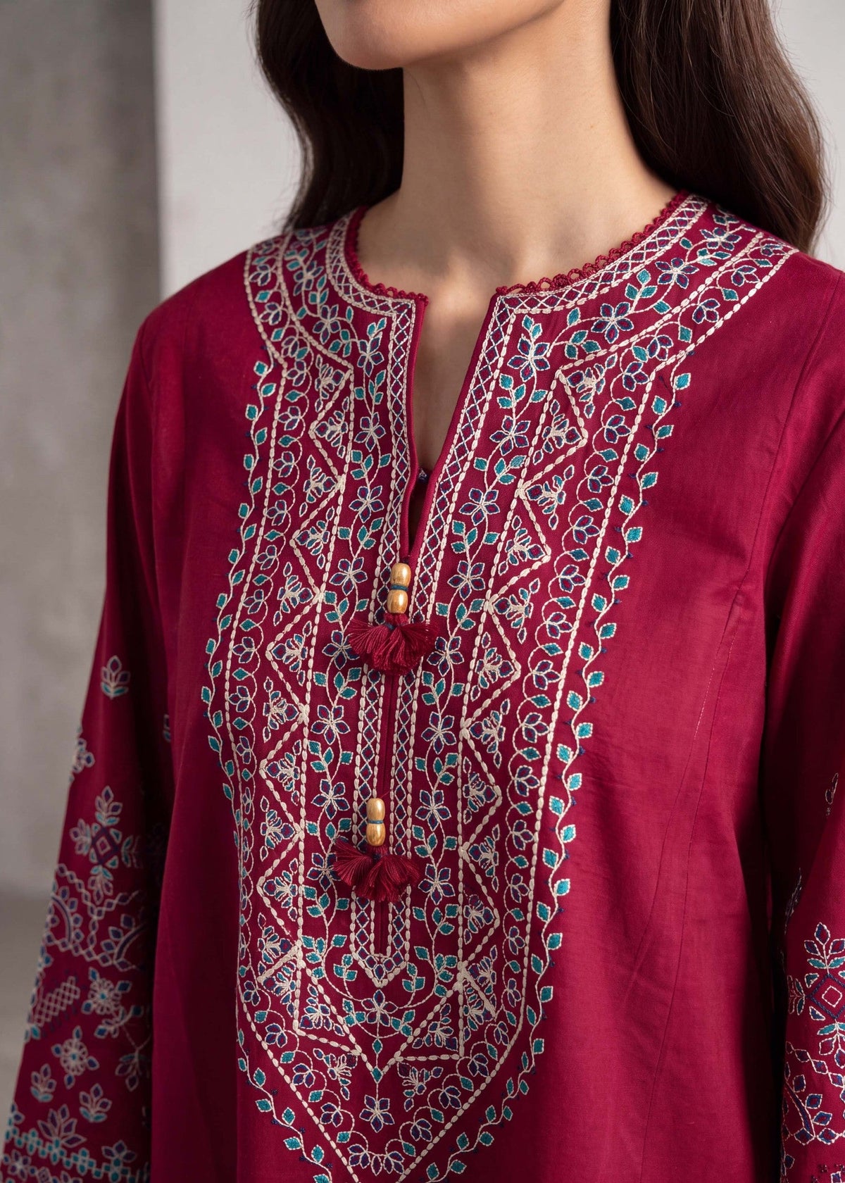 Carmine Embroidered Dhanak Pakistani Suit Online in Dubai UAE Abudhabi Ajman Sharjah