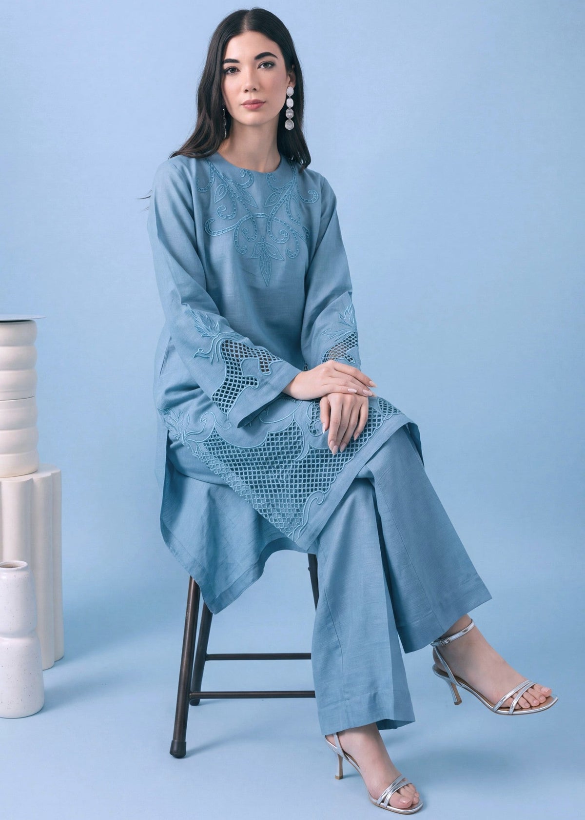 Carolina Blue Embroidered Khaddar Kurta Set Online in Dubai UAE Abudhabi Ajman Sharjah