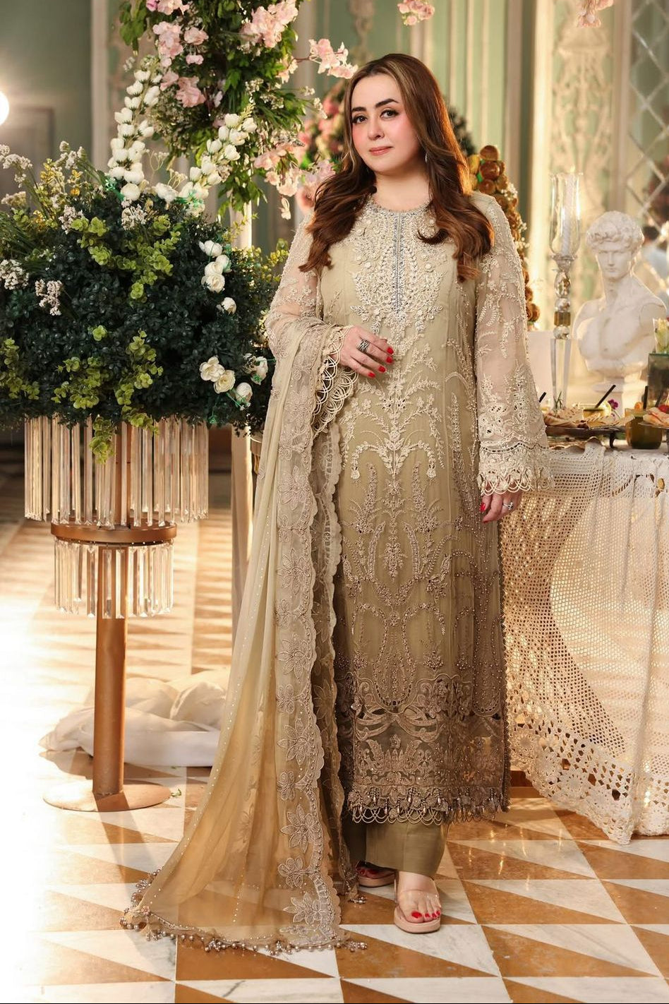 Champagne Gold Heavily Embroidered Chiffon Wedding Suit Online in Dubai UAE Abudhabi Ajman Sharjah
