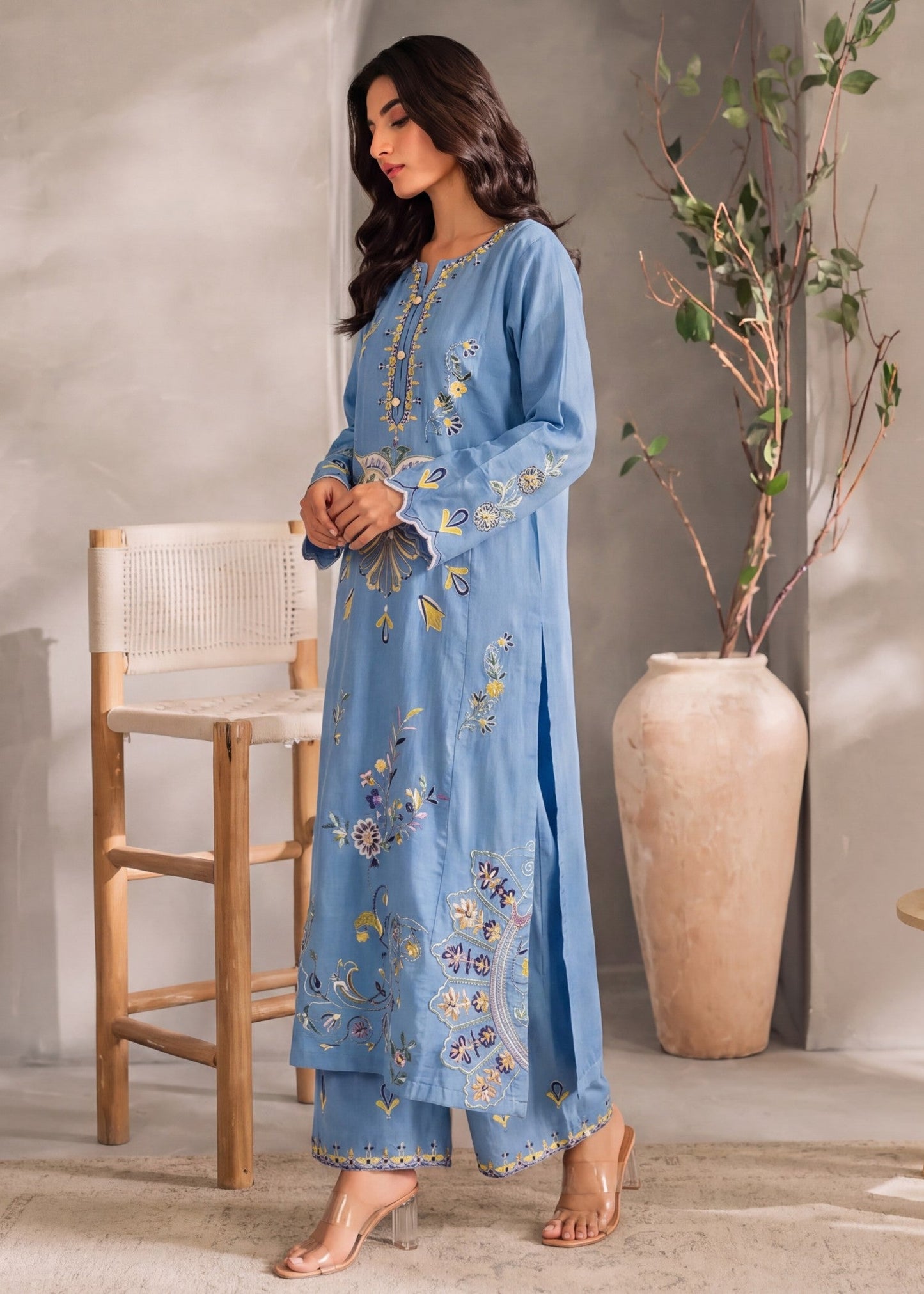 Cornflower Blue Winter Kurta Set for Ladies Online in Dubai UAE Abudhabi Ajman Sharjah