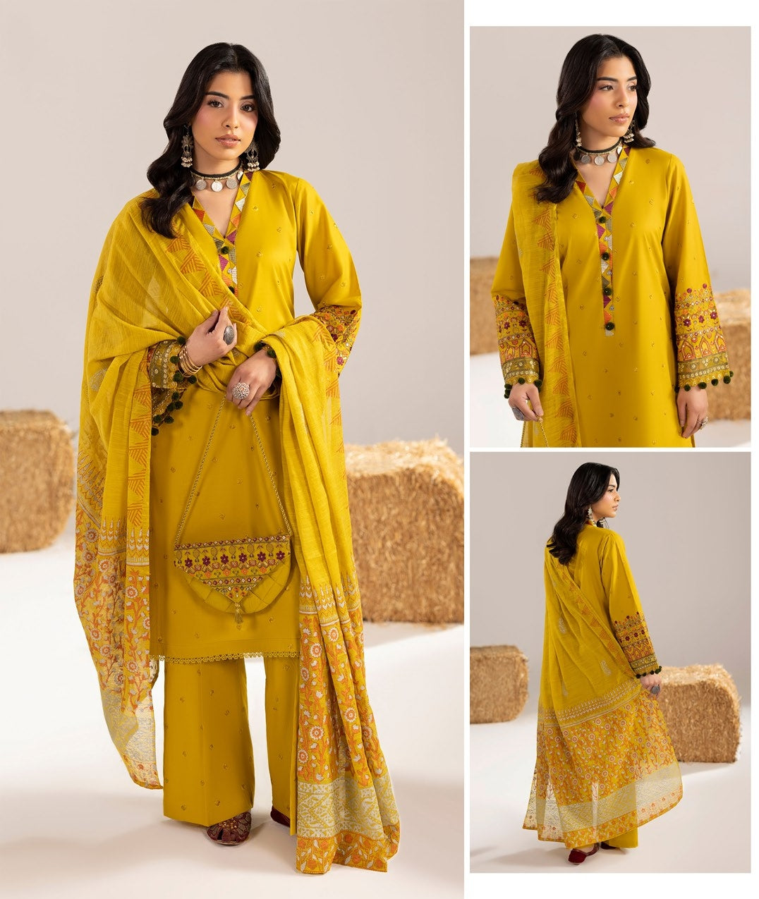 Cotton Embroidered Suit with Potli Online in Dubai DXB UAE Abudhabi Meena Bazaar